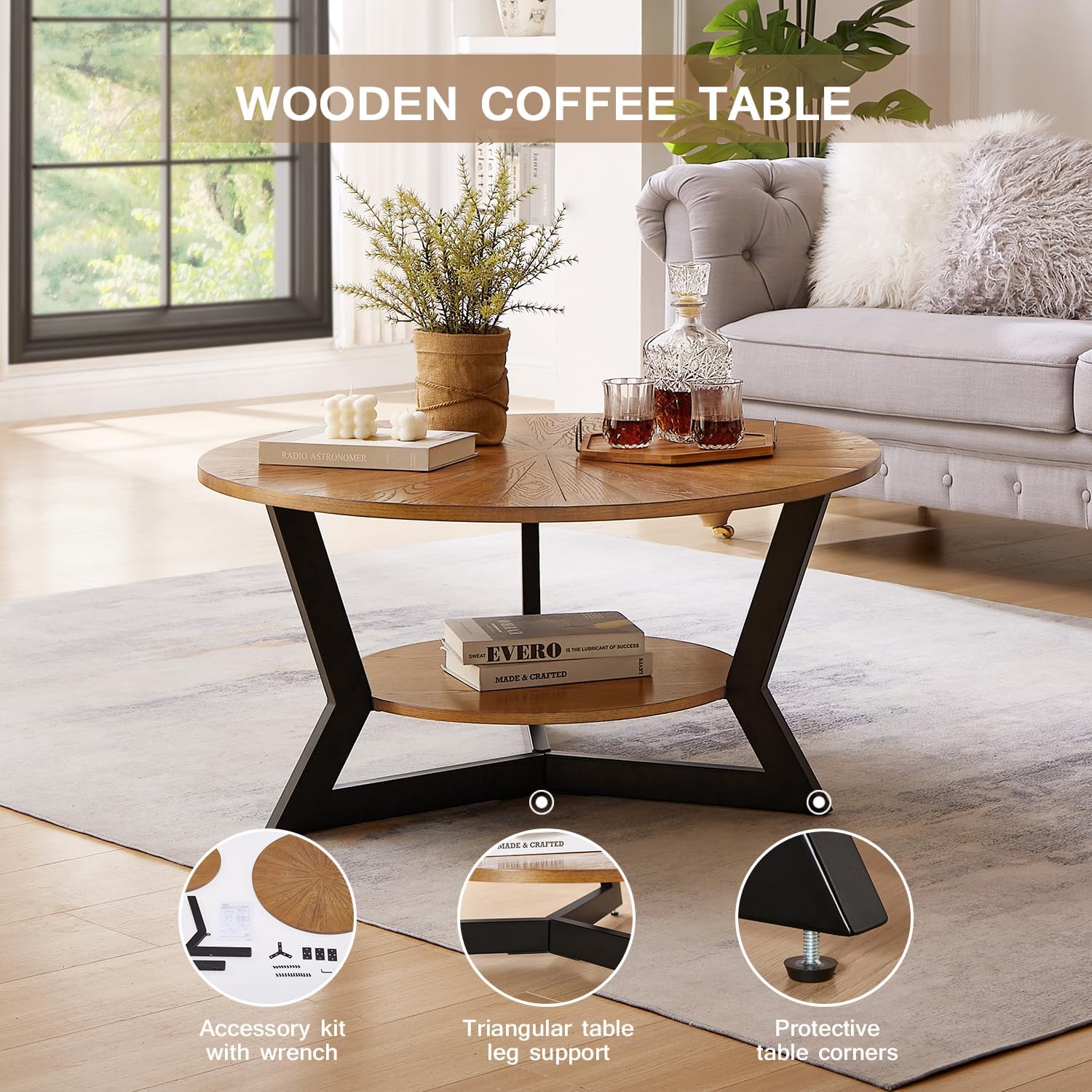 Round Wood Coffee Table for Living Room, 2-Tier Rustic Circle Coffee Table with Storage, Solid Natural Coffee Table with Metal Legs, Radial Pattern 35”x 17” · v2