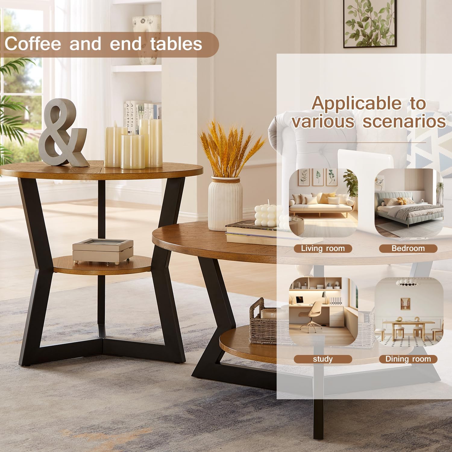 Round Wood Coffee Table for Living Room, 2-Tier Rustic Circle Coffee Table with Storage, Solid Natural Coffee Table with Metal Legs, Radial Pattern 35”x 17” · v2