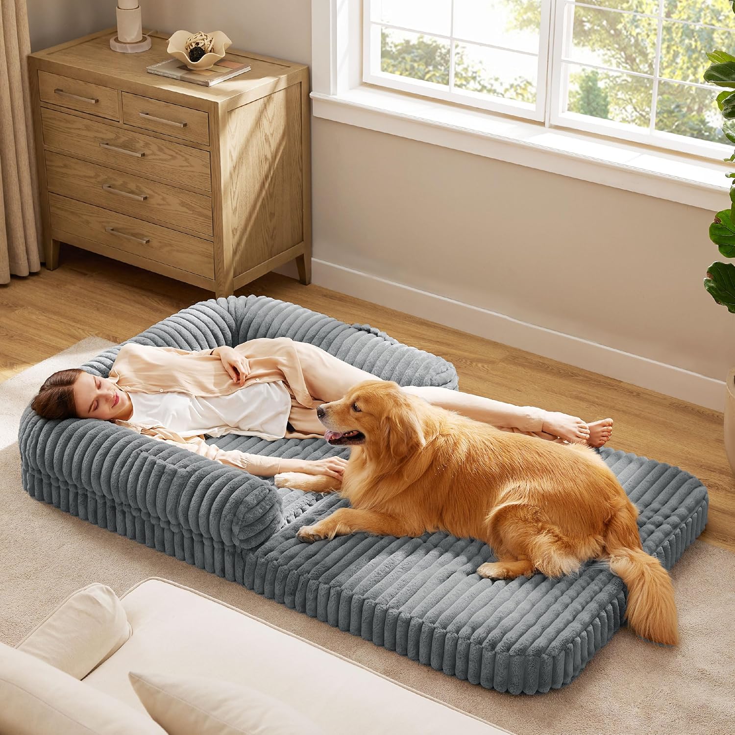 Bedsure Foldable Human Dog Bed for People Adult, 2 in 1 Corduroy Fleece Calming Human Size Giant Waterproof Dog Bed Fits Pet Families with Egg Foam, Faux Fur Orthopedic Dog Sofa, Warm Grey