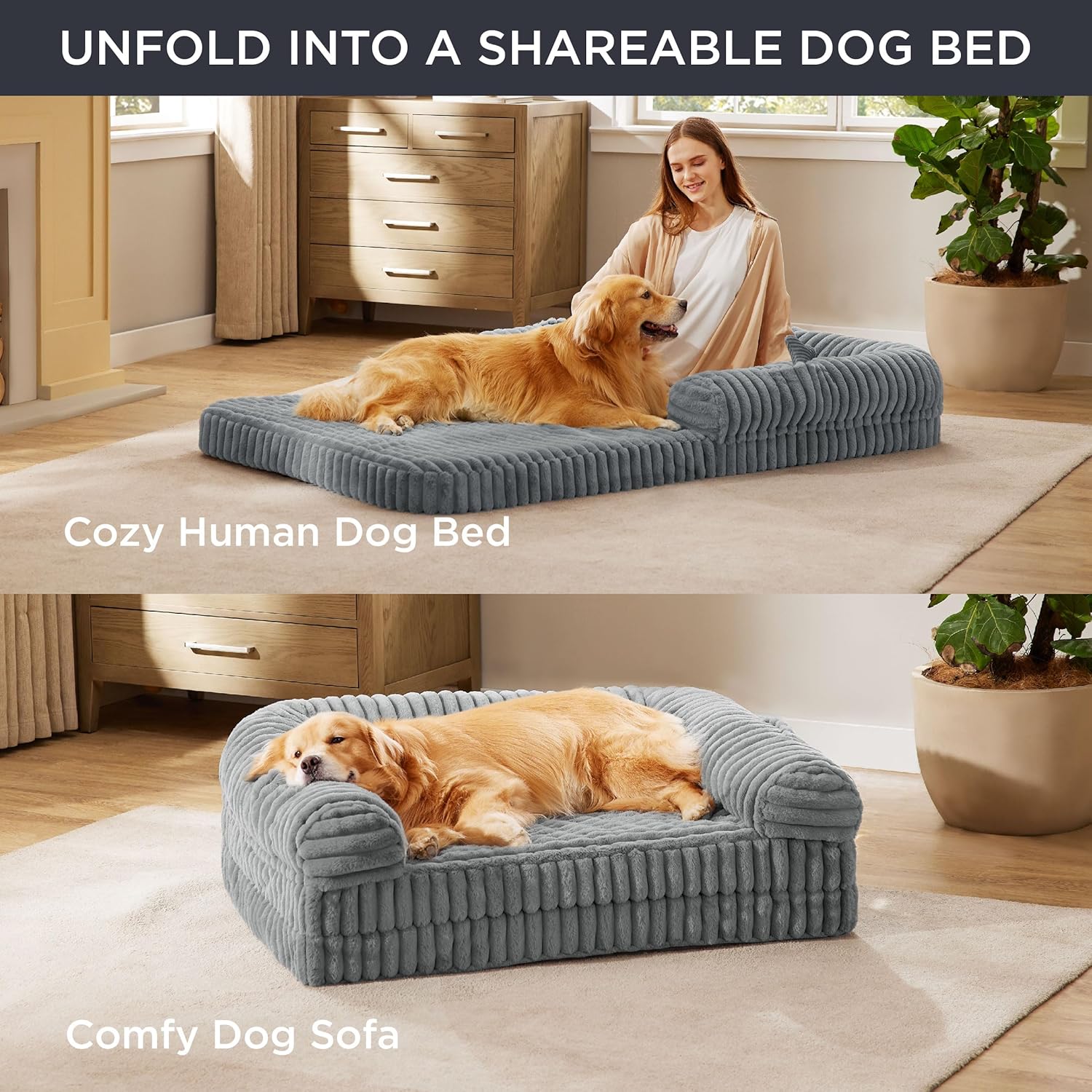 Bedsure Faltbares menschliches Hundebett für Erwachsene, 2-in-1-Hundebett aus Cordvlies, beruhigend, in Menschengröße, riesiges, wasserdichtes Hundebett, mit Eierschaum, orthopädisches Hundesofa aus Kunstfell, warmes Grau