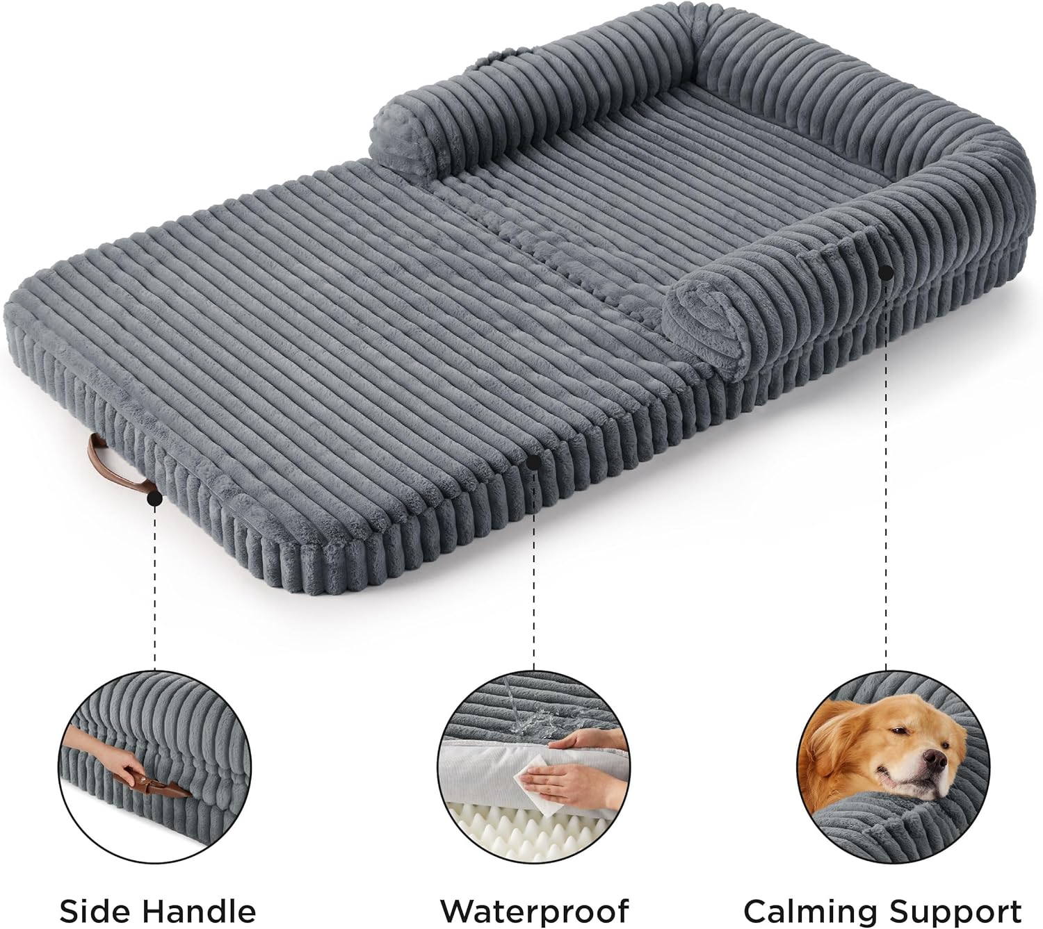 Bedsure Faltbares menschliches Hundebett für Erwachsene, 2-in-1-Hundebett aus Cordvlies, beruhigend, in Menschengröße, riesiges, wasserdichtes Hundebett, mit Eierschaum, orthopädisches Hundesofa aus Kunstfell, warmes Grau