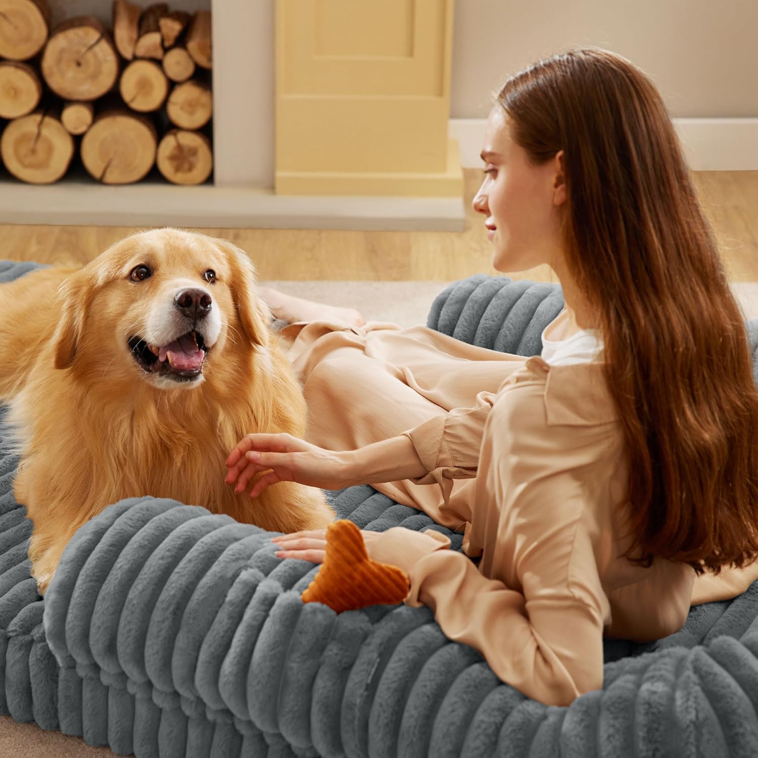 Bedsure Faltbares menschliches Hundebett für Erwachsene, 2-in-1-Hundebett aus Cordvlies, beruhigend, in Menschengröße, riesiges, wasserdichtes Hundebett, mit Eierschaum, orthopädisches Hundesofa aus Kunstfell, warmes Grau