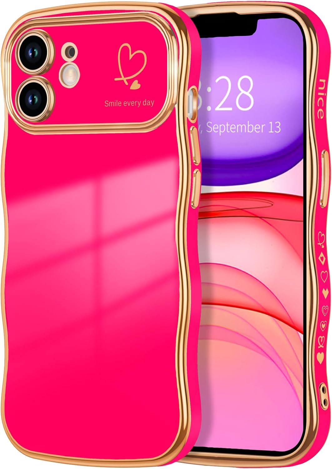 Anuck for iPhone 11 케이스 여성용, 귀여운 컬리 웨이브 프레임 모양 러브 하트 디자인, 고급 도금 물결 모양 가장자리 전체 카메라 보호 소프트 TPU 내충격성 전화 케이스 커버, 핫 핑크