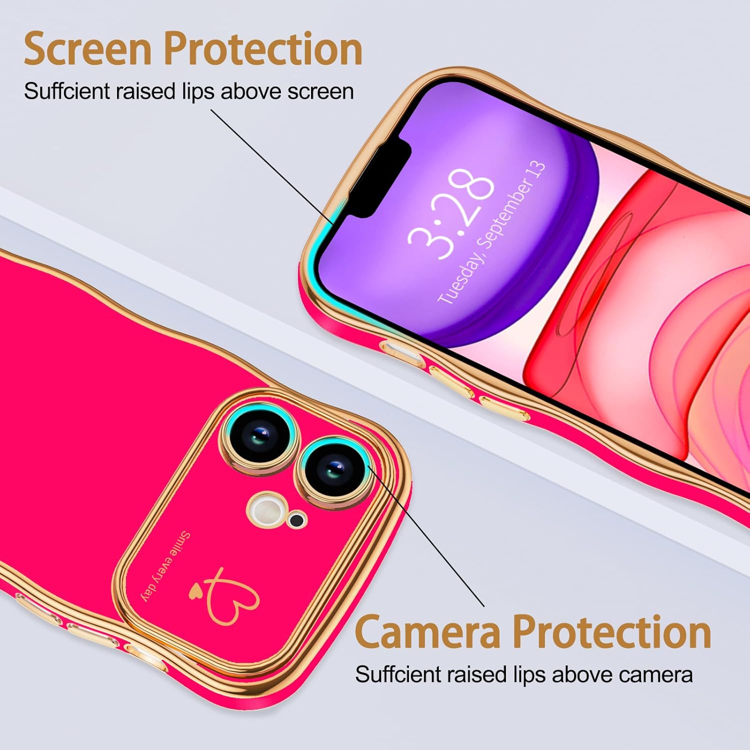 Anuck for iPhone 11 Case for Women Girls, Cute Curly Wave Frame Shape Love Heart Design, Luxury Plating Wavy Edge Full Camera Protection Soft TPU Shockproof Phone Case Cover, Hot Pink · v4