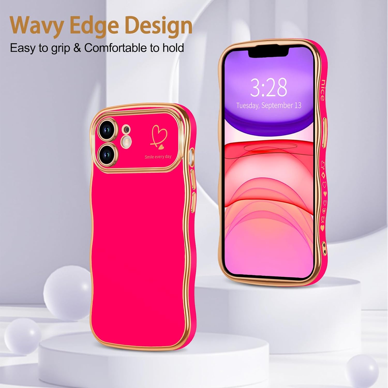 Anuck for iPhone 11 Case for Women Girls, Cute Curly Wave Frame Shape Love Heart Design, Luxury Plating Wavy Edge Full Camera Protection Soft TPU Shockproof Phone Case Cover, Hot Pink · v4