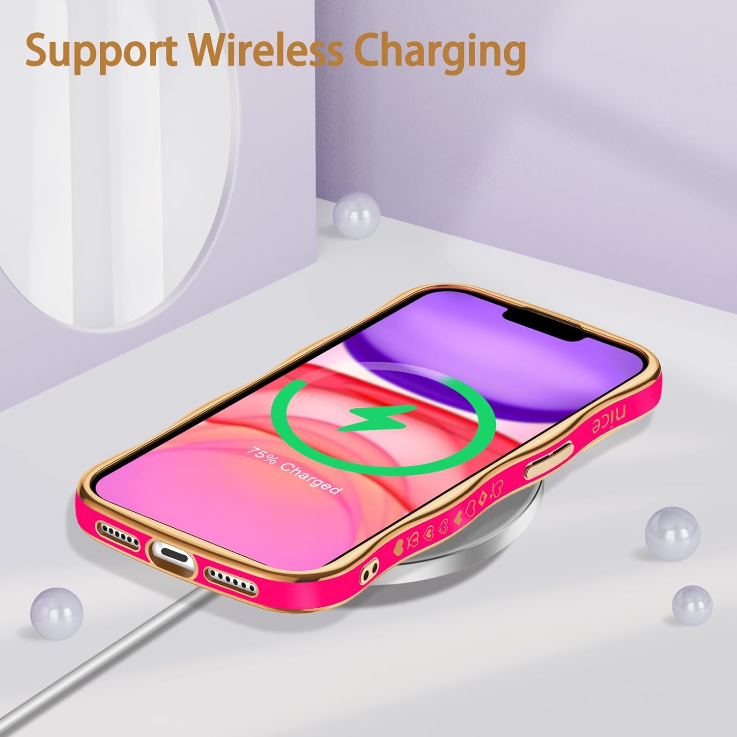 Anuck for iPhone 11 Case for Women Girls, Cute Curly Wave Frame Shape Love Heart Design, Luxury Plating Wavy Edge Full Camera Protection Soft TPU Shockproof Phone Case Cover, Hot Pink · v4