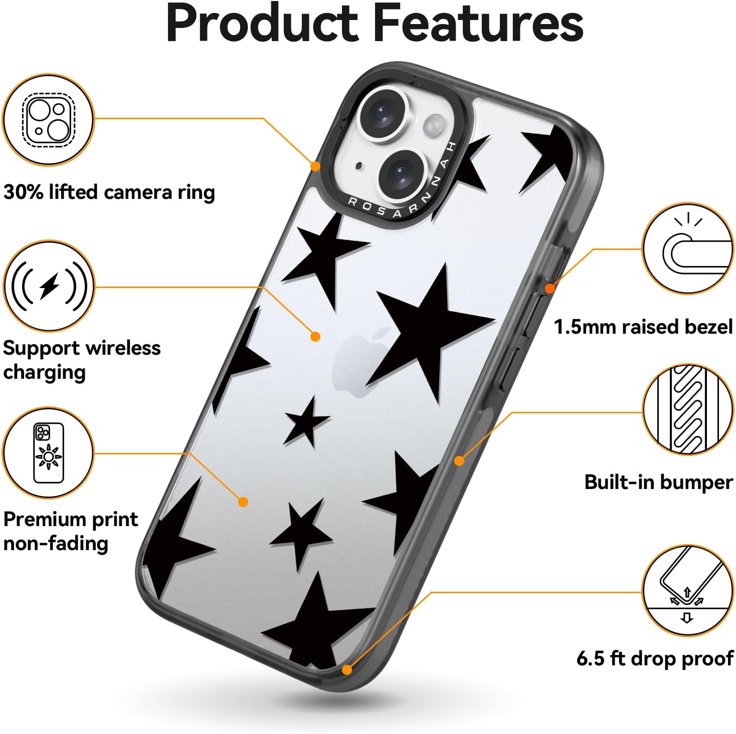 Funda compatible con iPhone 13, bonita, duradera, a prueba de golpes, caída de 6.6 pies, divertida estrella de cinco puntas, negra, divertido diseño de estrella de cinco puntas para iPhone 13 6.1