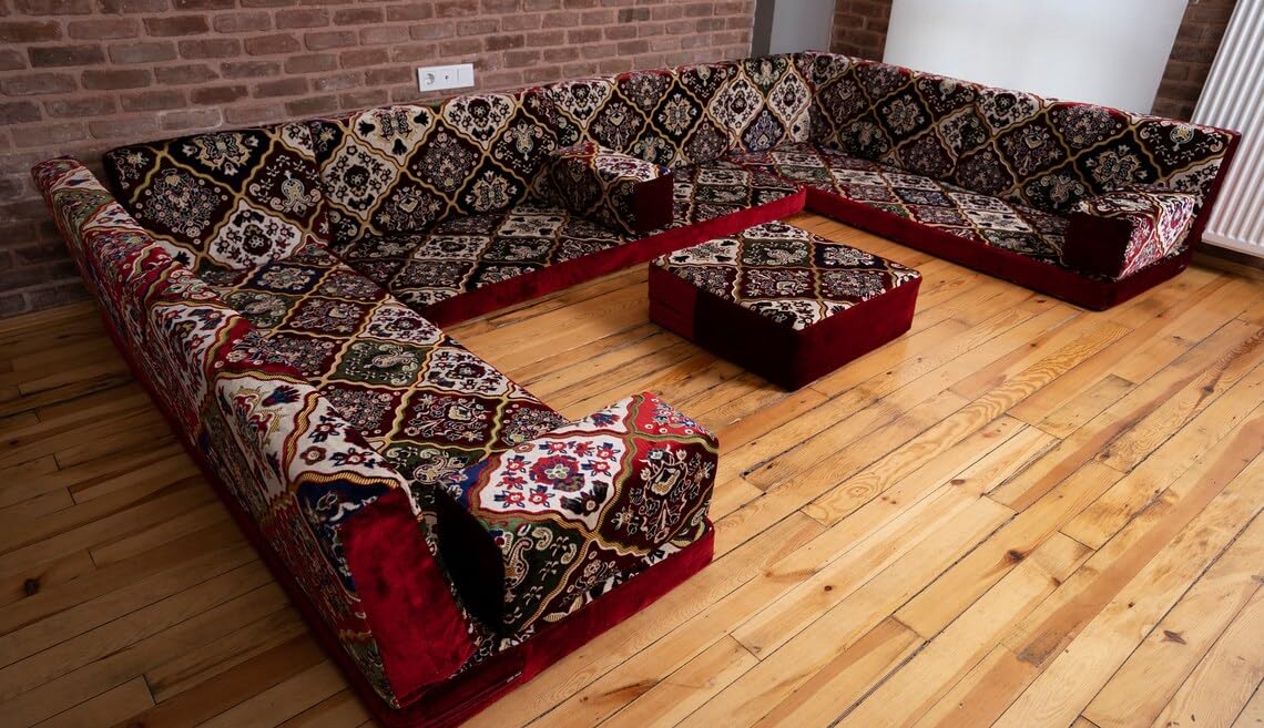 Afghan Kilim Velvet Fabric Sofa Couch, Diwan Sofa, Sectional Sofa Couch, Bench Cushions, Arabic Seating Set, Turkish Sofa, Majlis Sofa, Maroon U Shaped Arabic Floor Sofa (U Sofa   Ottoman) · v2