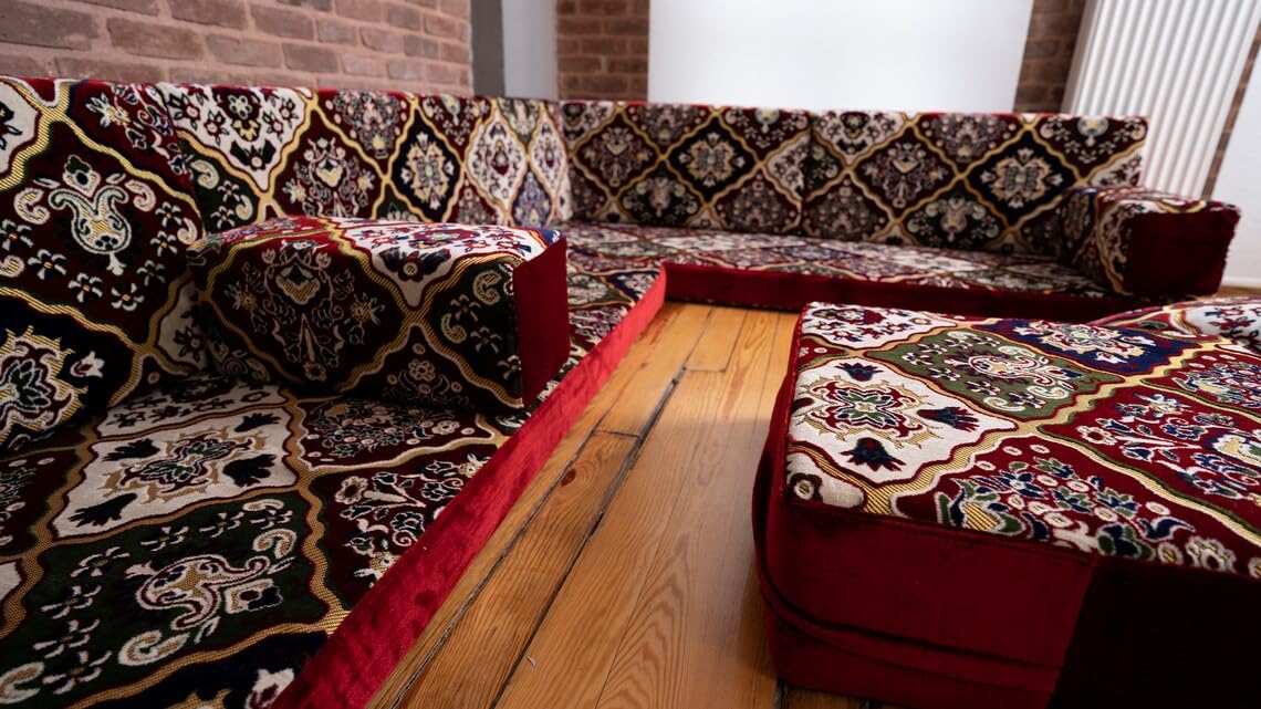 Afghan Kilim Velvet Fabric Sofa Couch, Diwan Sofa, Sectional Sofa Couch, Bench Cushions, Arabic Seating Set, Turkish Sofa, Majlis Sofa, Maroon U Shaped Arabic Floor Sofa (U Sofa   Ottoman) · v2