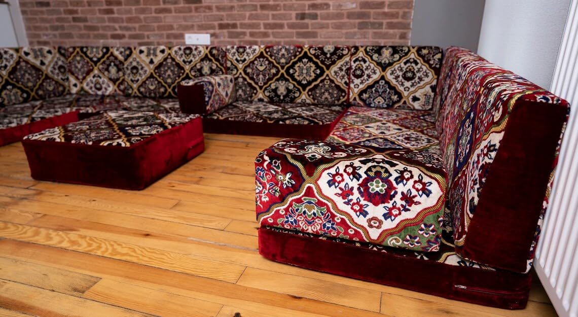 Afghan Kilim Velvet Fabric Sofa Couch, Diwan Sofa, Sectional Sofa Couch, Bench Cushions, Arabic Seating Set, Turkish Sofa, Majlis Sofa, Maroon U Shaped Arabic Floor Sofa (U Sofa   Ottoman) · v2