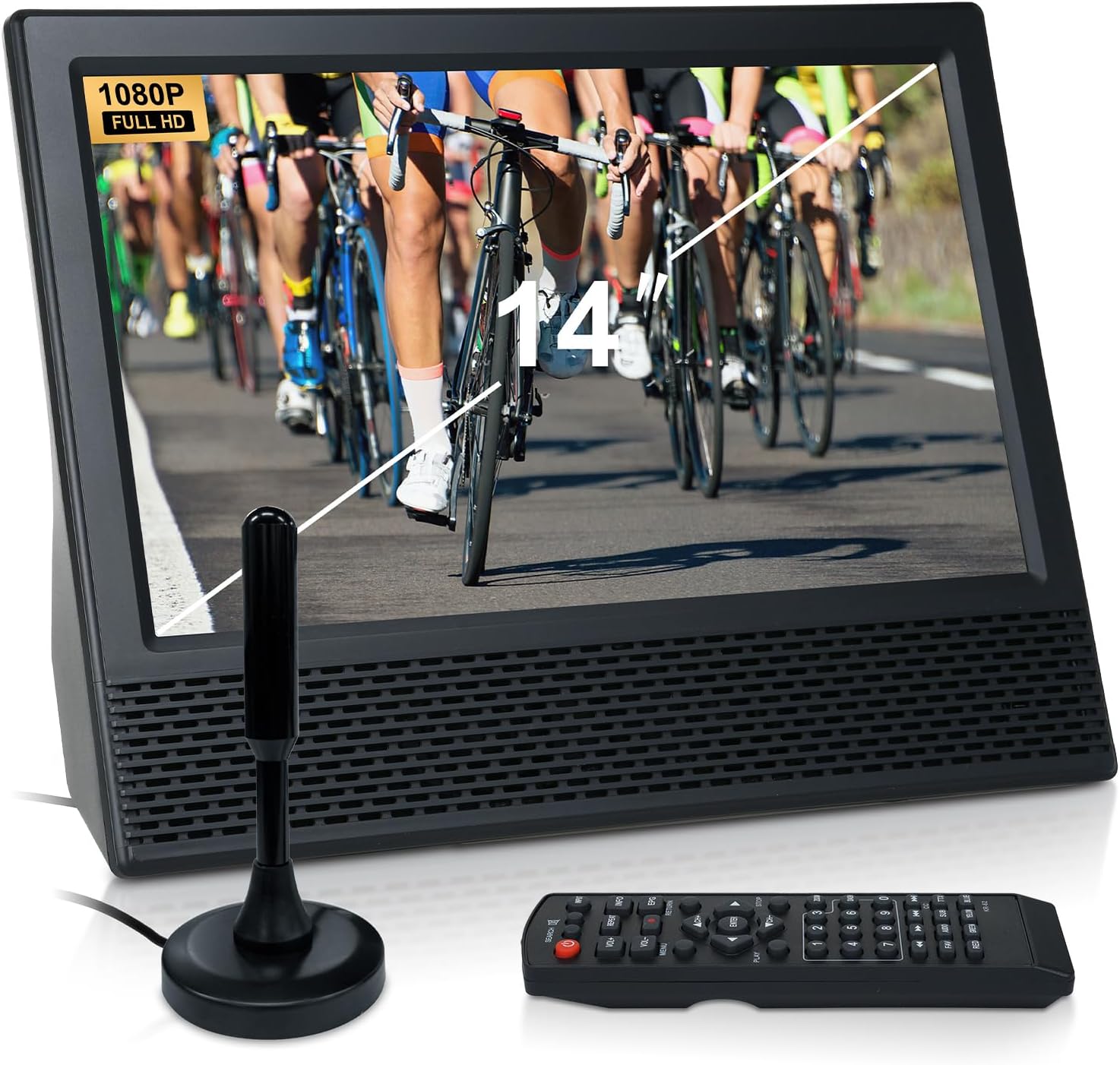Docooler 14-calowy przenośny telewizor z anteną, odtwarzacz telewizji cyfrowej ATSC z pilotem, mini przenośny telewizor samochodowy z wbudowaną baterią 8800 mAh do kamperów, kempingu, na zewnątrz, samochodu, kuchni