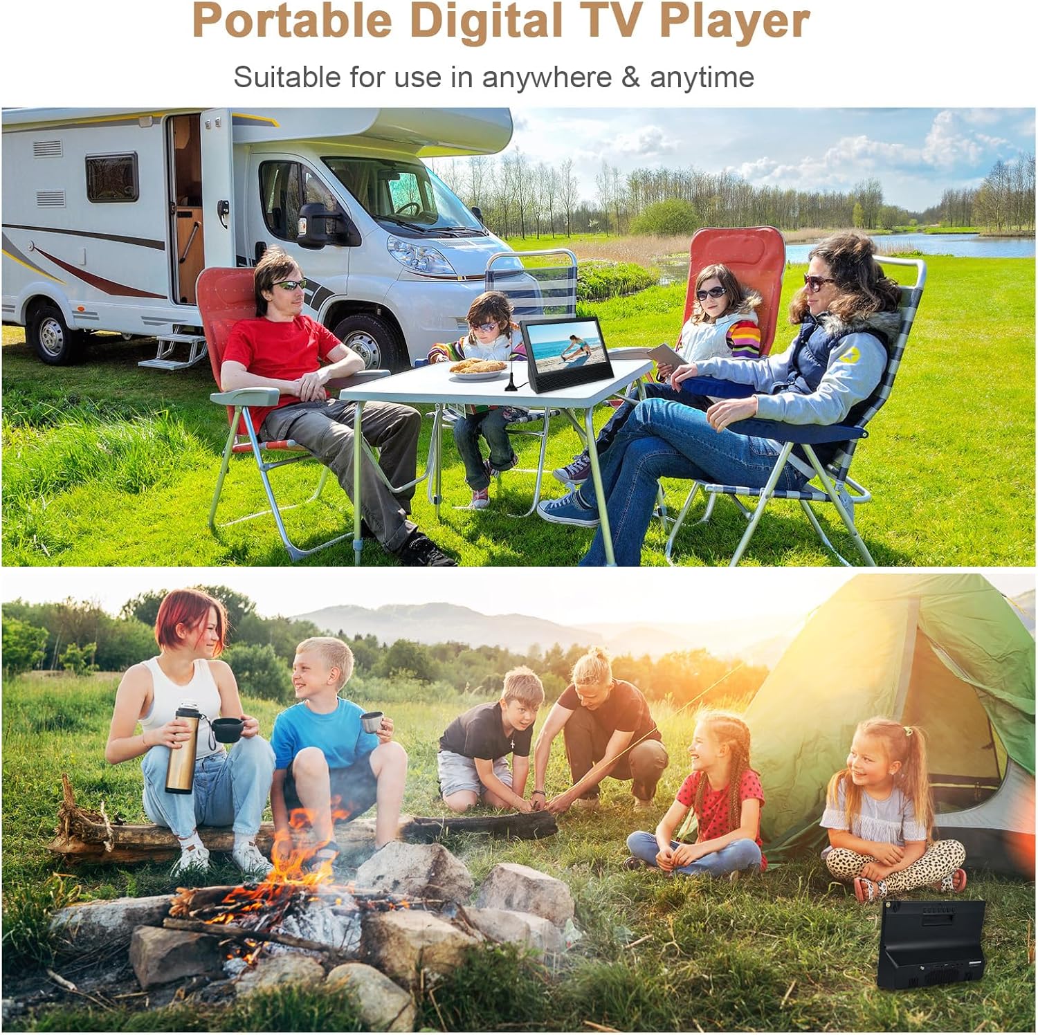 Docooler 14-calowy przenośny telewizor z anteną, odtwarzacz telewizji cyfrowej ATSC z pilotem, mini przenośny telewizor samochodowy z wbudowaną baterią 8800 mAh do kamperów, kempingu, na zewnątrz, samochodu, kuchni