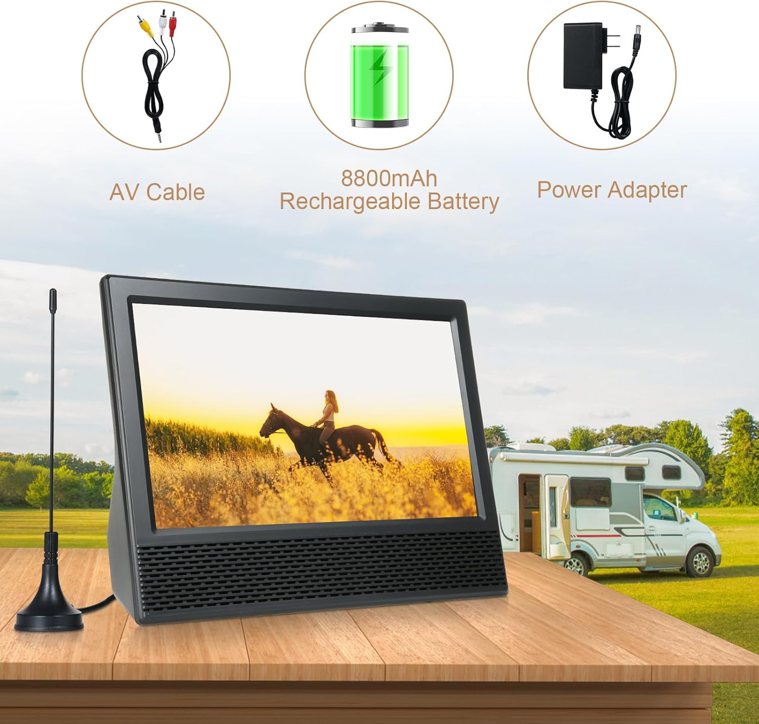 Docooler 14-calowy przenośny telewizor z anteną, odtwarzacz telewizji cyfrowej ATSC z pilotem, mini przenośny telewizor samochodowy z wbudowaną baterią 8800 mAh do kamperów, kempingu, na zewnątrz, samochodu, kuchni