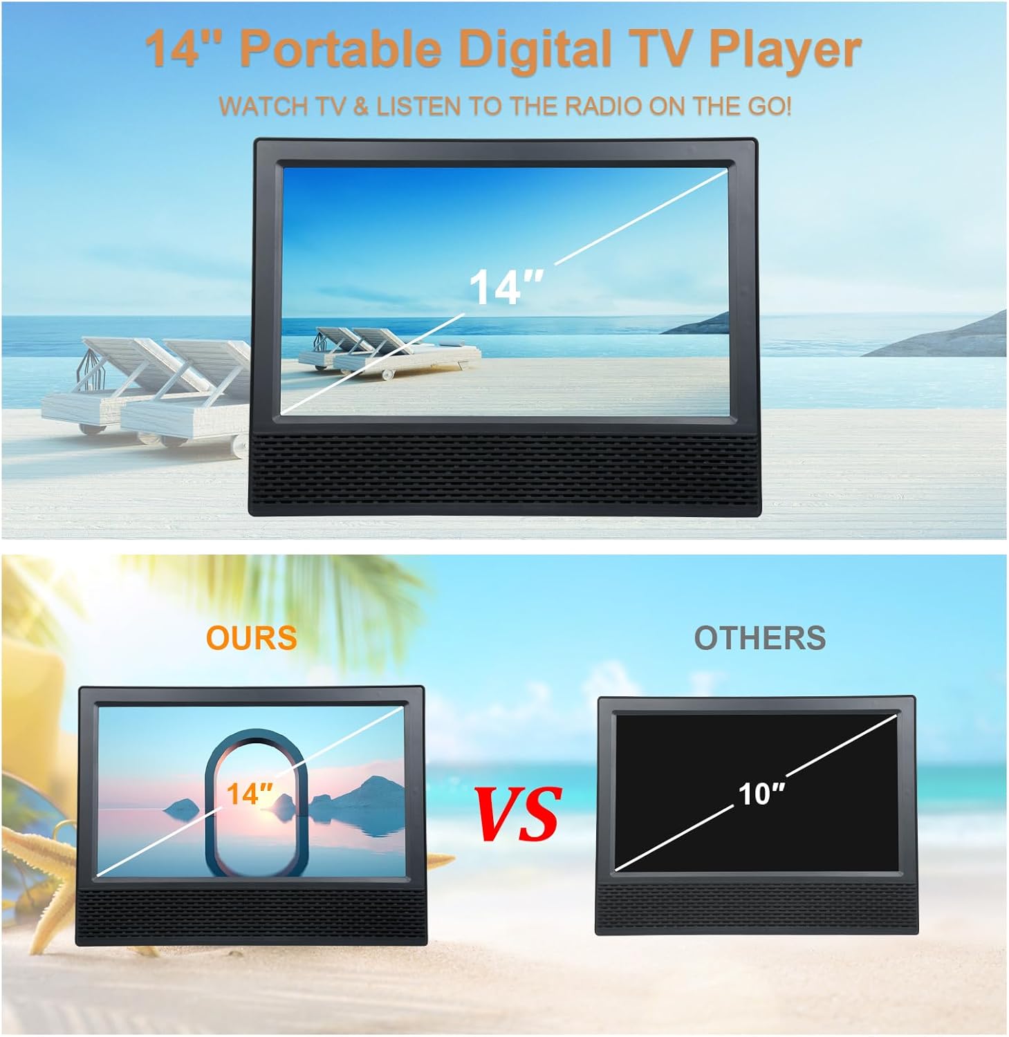 Docooler 14-calowy przenośny telewizor z anteną, odtwarzacz telewizji cyfrowej ATSC z pilotem, mini przenośny telewizor samochodowy z wbudowaną baterią 8800 mAh do kamperów, kempingu, na zewnątrz, samochodu, kuchni