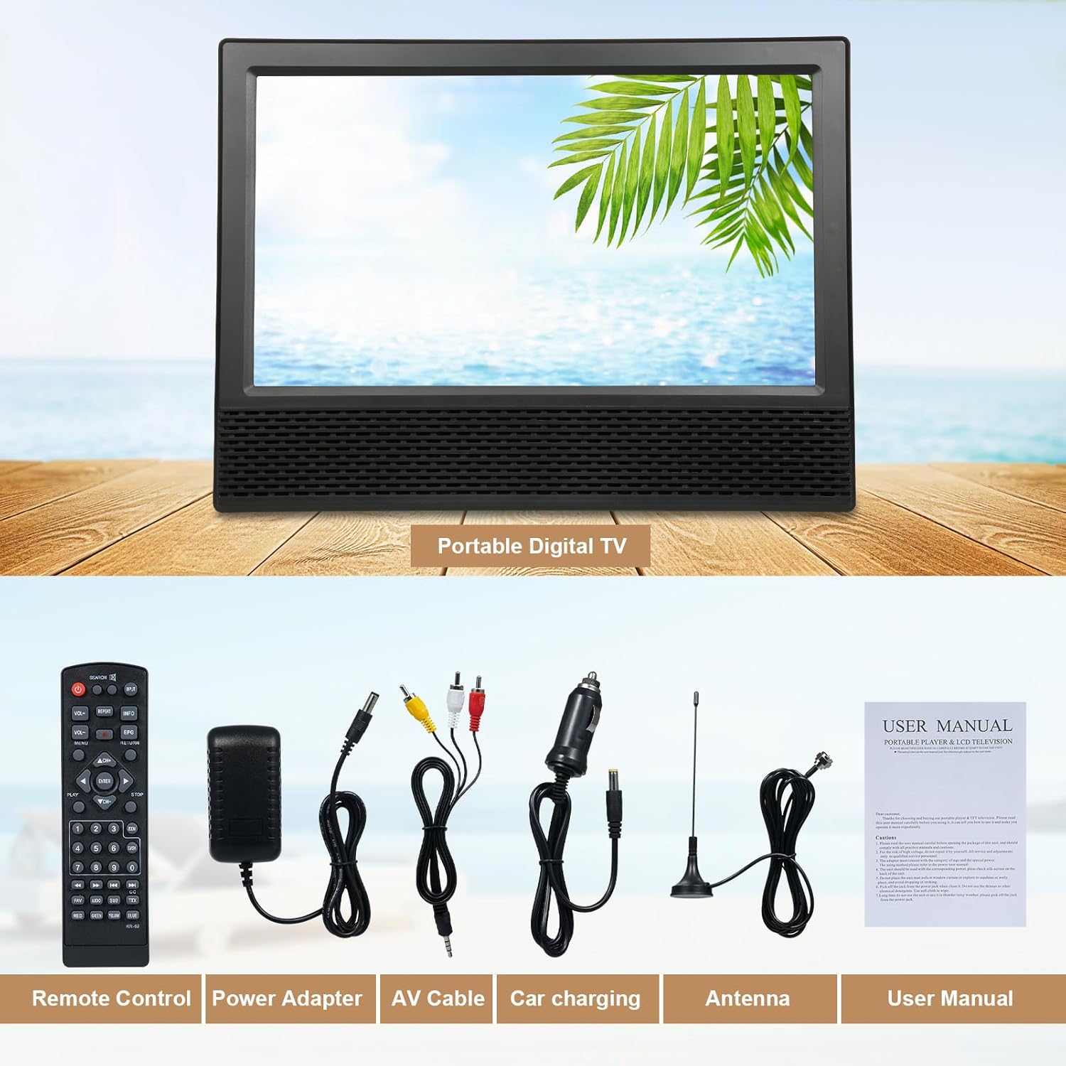 Docooler 14-calowy przenośny telewizor z anteną, odtwarzacz telewizji cyfrowej ATSC z pilotem, mini przenośny telewizor samochodowy z wbudowaną baterią 8800 mAh do kamperów, kempingu, na zewnątrz, samochodu, kuchni