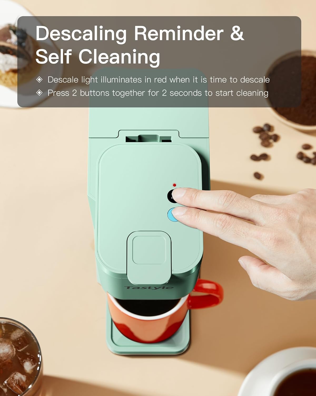 เครื่องชงกาแฟแบบแคปซูลขนาดเล็กสำหรับชงกาแฟร้อนและเย็น สำหรับกาแฟแบบแคปซูล K Cup และแบบบด ขนาดชง 6 ถึง 14 ออนซ์ พร้อมหนังสือสูตรอาหาร เครื่องชงกาแฟแคปซูลขนาดเล็กแบบแคปซูล 1 ถ้วย สำหรับการเดินทาง รถบ้าน หอพัก และโต๊ะทำงาน สีเขียว