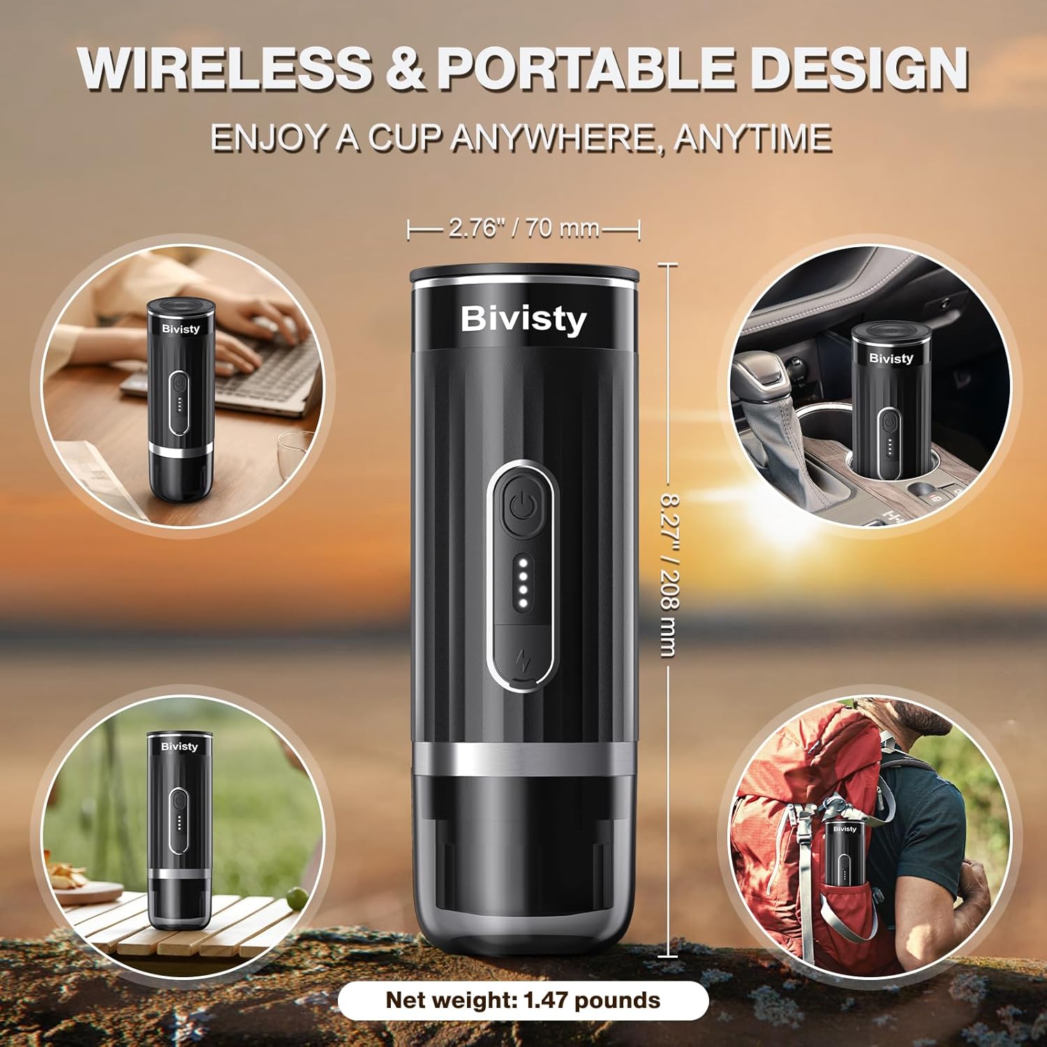 Portable Espresso Maker for Travel, Camping Coffee Machine, Electric Self-Heating With USB-C, Ground Coffee Compatible with Nespresso  Dolce Gusto for RV, Outdoor, Office (black) · v9