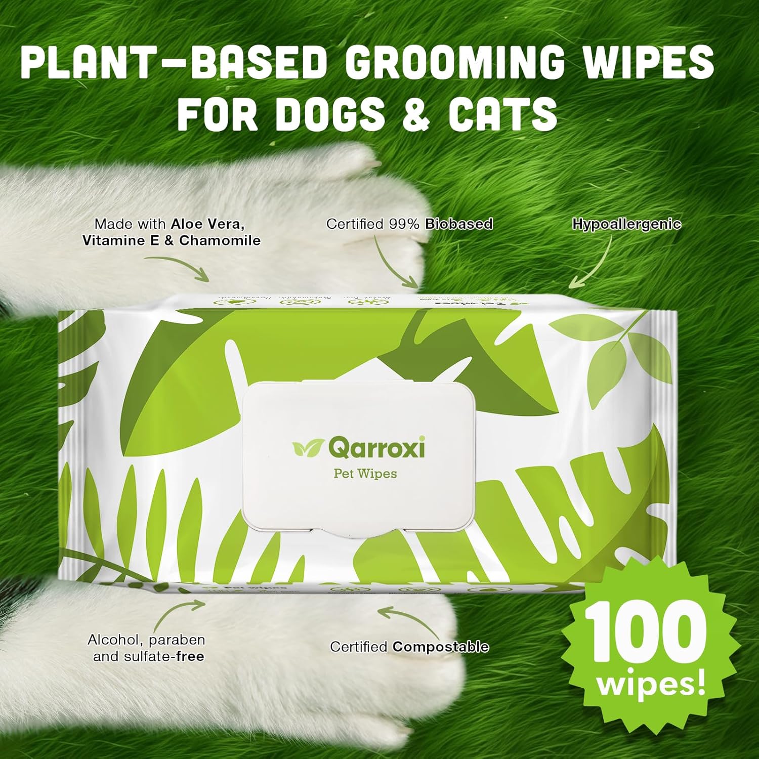 Perlengkapan Hewan Peliharaan Tisu Perawatan Berbasis Tanaman untuk Telinga, Wajah, Kaki, Bokong, Tubuh, dan Mata-Tisu Anjing Hypoallergenic Serbaguna Isi 100
