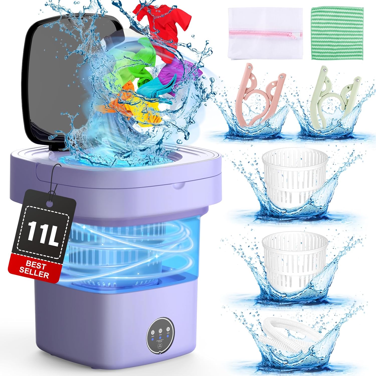 Portable Washing Machine with 11L Upgraded Capacity and Foldable Washer, 3 Modes Mini Washing Machine Deep Cleaning of Underwear, Small  Baby Clothes, Suitable for RV, Apartments, Dorm, Hotels