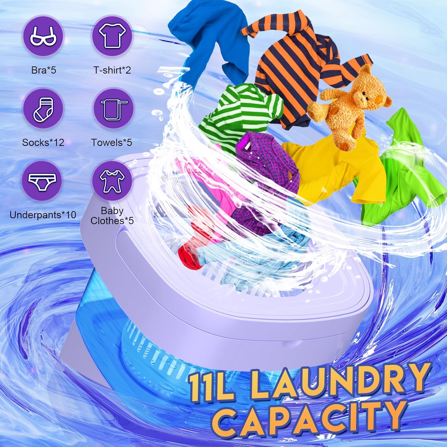 Portable Washing Machine with 11L Upgraded Capacity and Foldable Washer, 3 Modes Mini Washing Machine Deep Cleaning of Underwear, Small  Baby Clothes, Suitable for RV, Apartments, Dorm, Hotels · v5