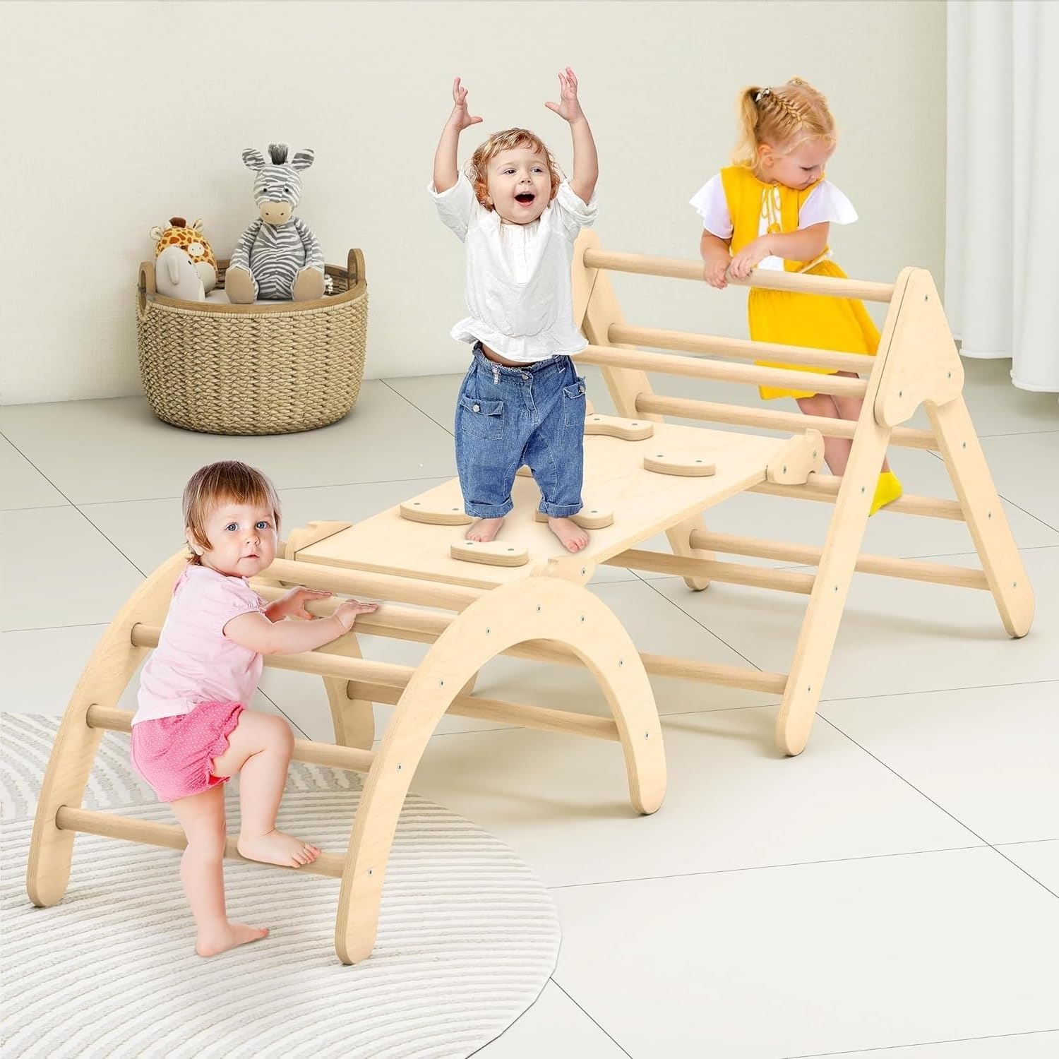 Toddler Climbing Toys, Montessori Pikler Triangle Set for Toddlers Inside, Foldable Climbing Set with Arch Ramp, Triangle Climber, Rock Climber, Slide, Rocker, Wooden Pikler Triangle Gym Indoor · v4