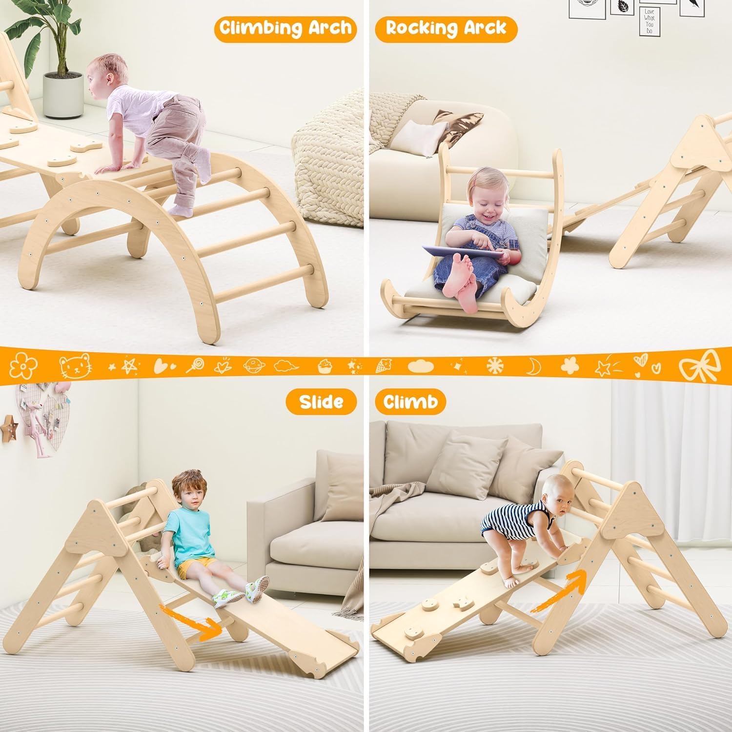 Toddler Climbing Toys, Montessori Pikler Triangle Set for Toddlers Inside, Foldable Climbing Set with Arch Ramp, Triangle Climber, Rock Climber, Slide, Rocker, Wooden Pikler Triangle Gym Indoor · v4