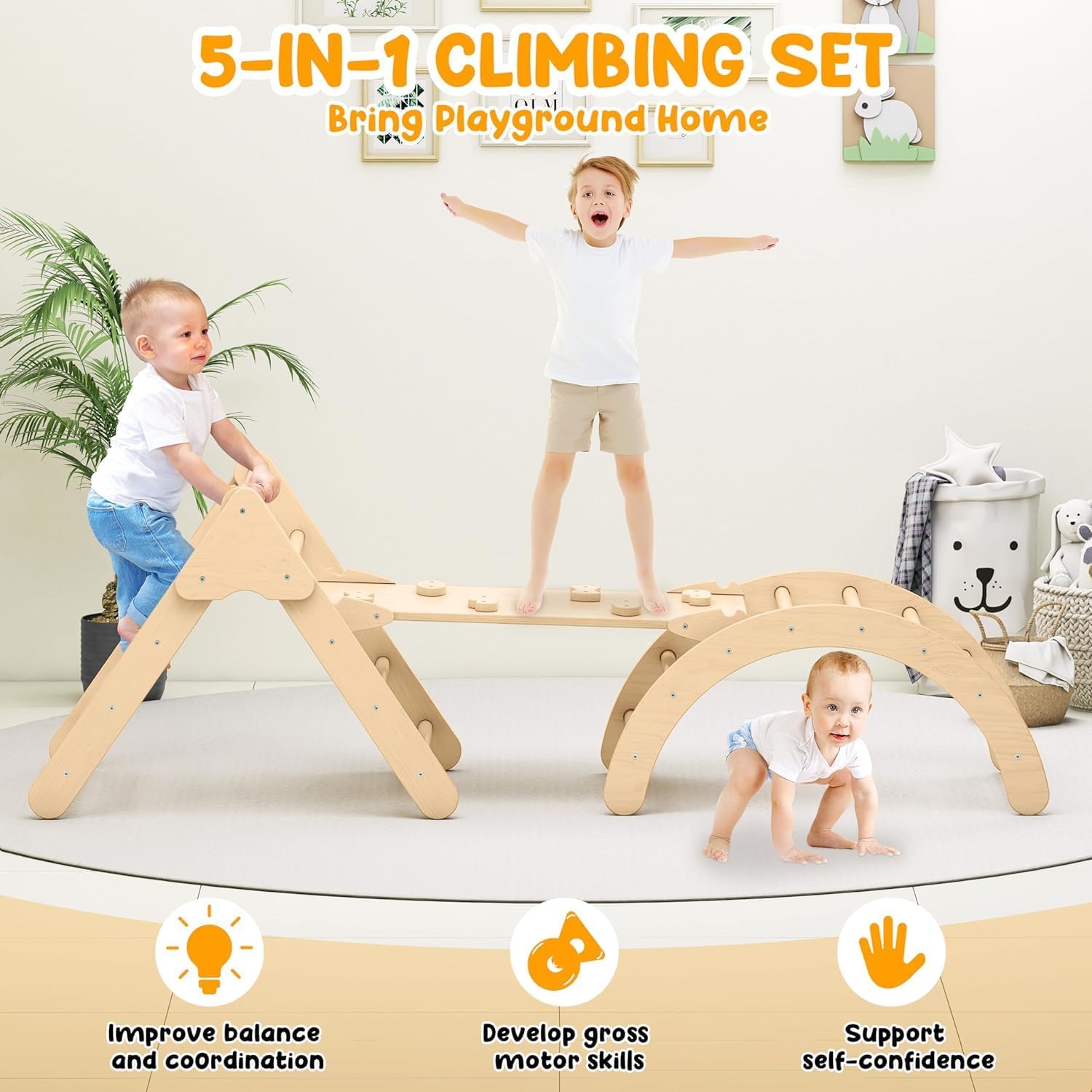 Toddler Climbing Toys, Montessori Pikler Triangle Set for Toddlers Inside, Foldable Climbing Set with Arch Ramp, Triangle Climber, Rock Climber, Slide, Rocker, Wooden Pikler Triangle Gym Indoor · v4