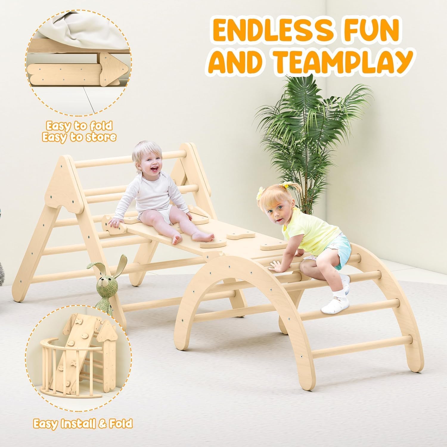 Toddler Climbing Toys, Montessori Pikler Triangle Set for Toddlers Inside, Foldable Climbing Set with Arch Ramp, Triangle Climber, Rock Climber, Slide, Rocker, Wooden Pikler Triangle Gym Indoor · v4
