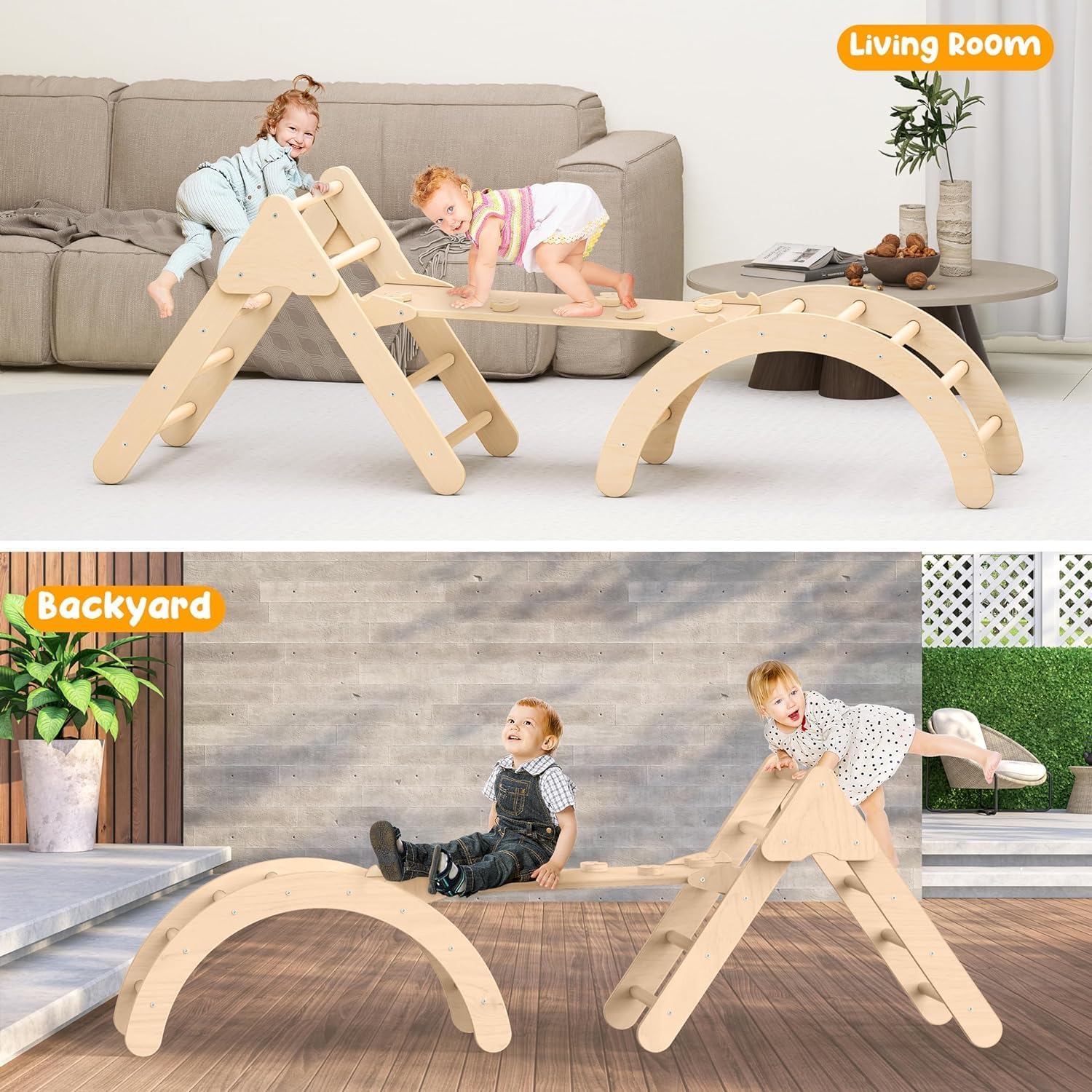 Toddler Climbing Toys, Montessori Pikler Triangle Set for Toddlers Inside, Foldable Climbing Set with Arch Ramp, Triangle Climber, Rock Climber, Slide, Rocker, Wooden Pikler Triangle Gym Indoor · v4