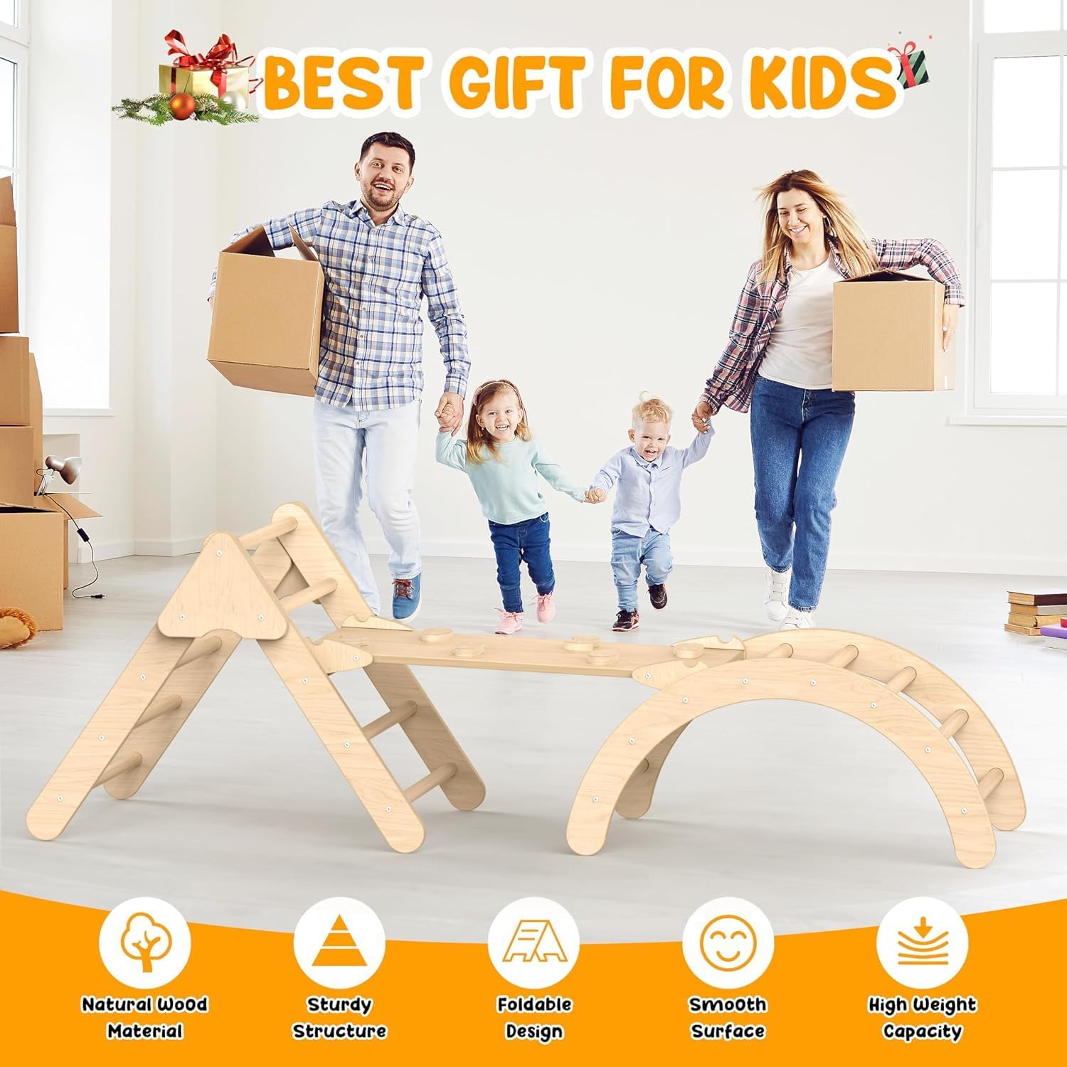 Toddler Climbing Toys, Montessori Pikler Triangle Set for Toddlers Inside, Foldable Climbing Set with Arch Ramp, Triangle Climber, Rock Climber, Slide, Rocker, Wooden Pikler Triangle Gym Indoor · v4
