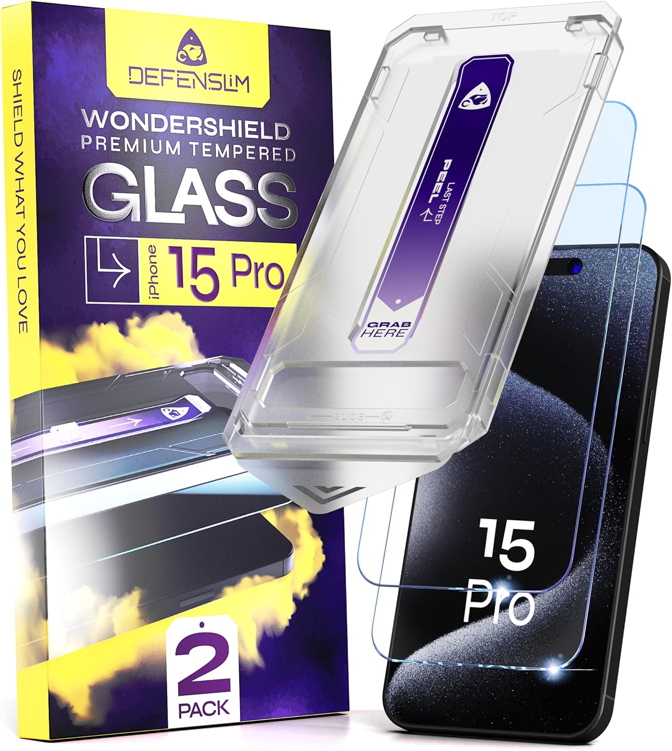 protecteur d'écran pour iPhone 15 PRO (lot de 2), kit d'installation facile à ajuster automatiquement contre la poussière, verre trempé 6,1, dureté 9H, transparent Ultra HD, compatible avec les coques, WonderShield