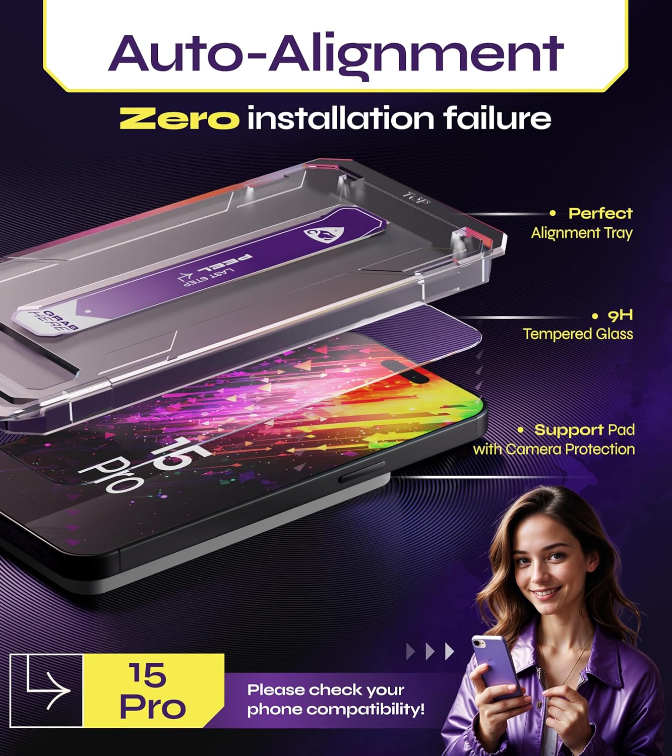 for iPhone 15 PRO Screen Protector (2Pack), Easy Auto-Dust  Align Install Kit, 6.1 Tempered Glass, 9H Hardness, Ultra HD Clear, Case Friendly, WonderShield · v2