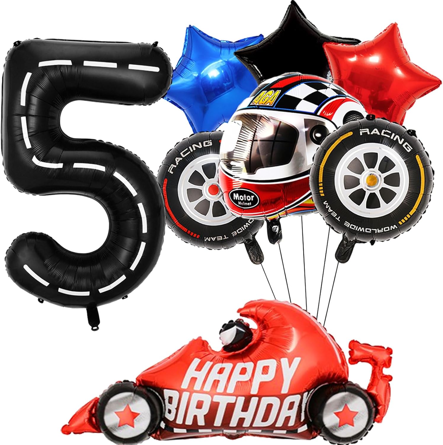 Race Car Balloons Birthday Party Supplies 40 inch Large Mylar Number 5 Balloons Tire Balloons and 5 Number Balloons for Boys 5rd Birthday Race Car Themed Party Decorations 8 Pcs