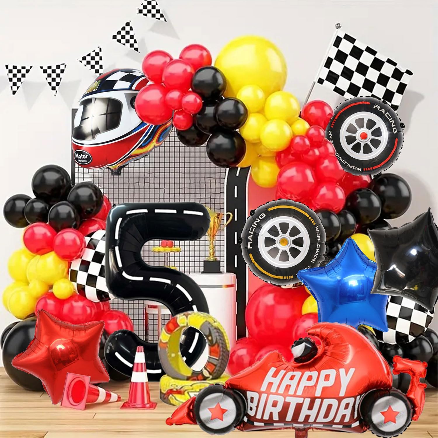 Race Car Balloons Birthday Party Supplies 40 inch Large Mylar Number 5 Balloons Tire Balloons and 5 Number Balloons for Boys 5rd Birthday Race Car Themed Party Decorations 8 Pcs · v2
