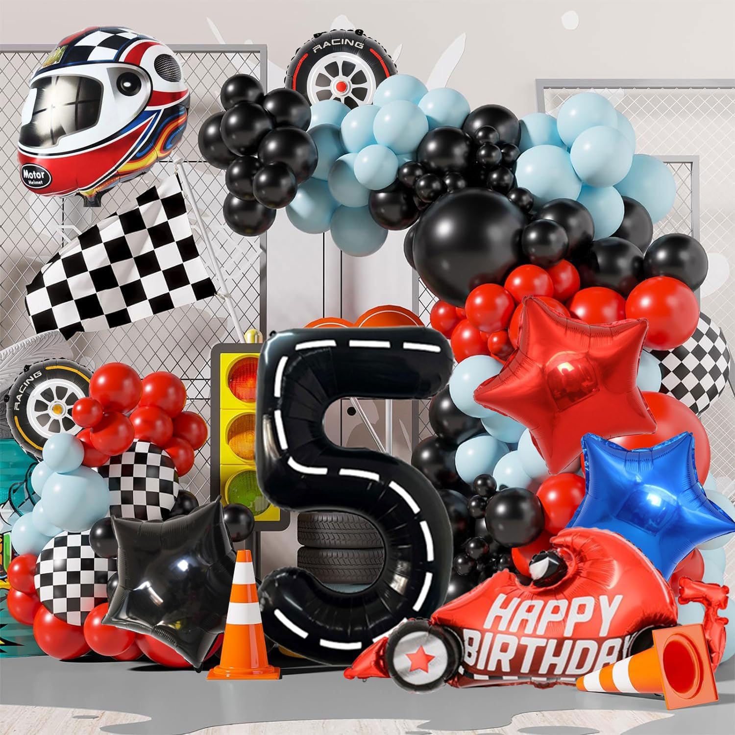 Race Car Balloons Birthday Party Supplies 40 inch Large Mylar Number 5 Balloons Tire Balloons and 5 Number Balloons for Boys 5rd Birthday Race Car Themed Party Decorations 8 Pcs · v2