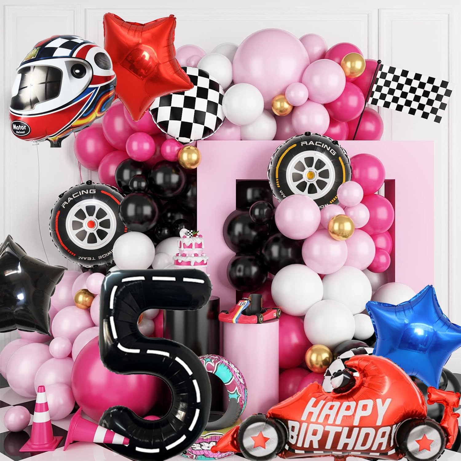 Race Car Balloons Birthday Party Supplies 40 inch Large Mylar Number 5 Balloons Tire Balloons and 5 Number Balloons for Boys 5rd Birthday Race Car Themed Party Decorations 8 Pcs · v2