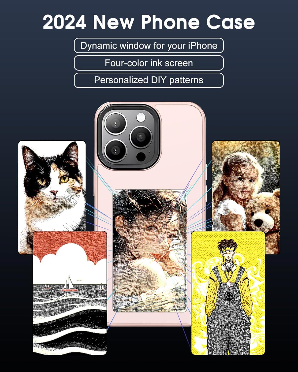 เคสโทรศัพท์ DIY หน้าจอหมึกอัจฉริยะพร้อมภาพพิมพ์ เคสโทรศัพท์ DIY หน้าจอหมึก TPU ป้องกันการตก เคสโทรศัพท์ NFC พร้อมภาพพิมพ์ เคสโทรศัพท์ E-Ink เข้ากันได้กับ iPhone 15 Pro (สีชมพู)
