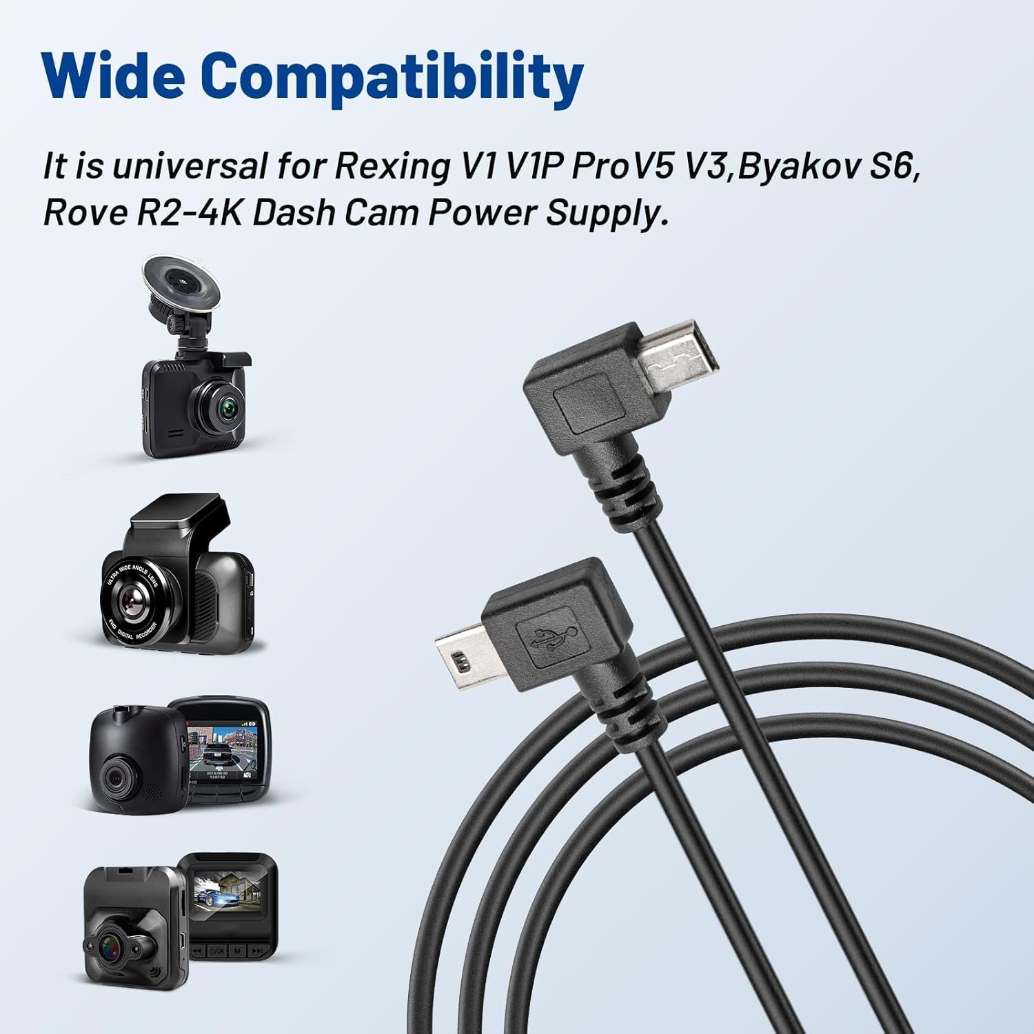 Адаптер кабеля питания Anina Mini USB Dash Cam 10 футов для Rexing V1 V1P ProV5 V3, Byakov S6, Rove R2-4K Автомобильная камера видеорегистратора Двойной USB-кабель питания для зарядного устройства Mini-B