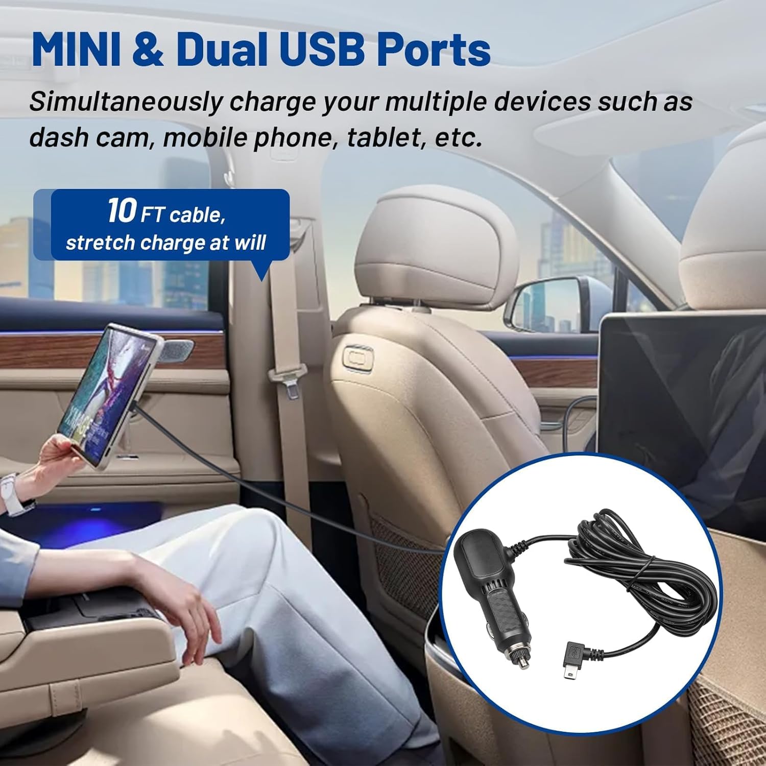 Адаптер кабеля питания Anina Mini USB Dash Cam 10 футов для Rexing V1 V1P ProV5 V3, Byakov S6, Rove R2-4K Автомобильная камера видеорегистратора Двойной USB-кабель питания для зарядного устройства Mini-B