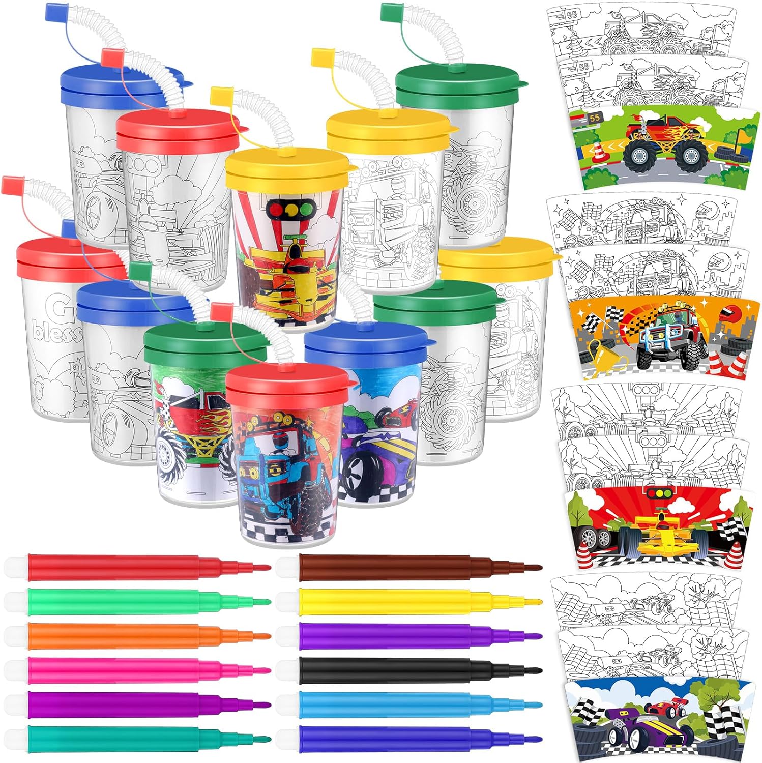 12 sztuk Monster Truck Pokoloruj własne kubki z akwarelowym długopisem Kubki do kolorowania samochodów wyścigowych z pokrywkami i słomkami Monster Truck Imprezy do klasy Prezenty do kolorowania Ciężarówki Materiały urodzinowe
