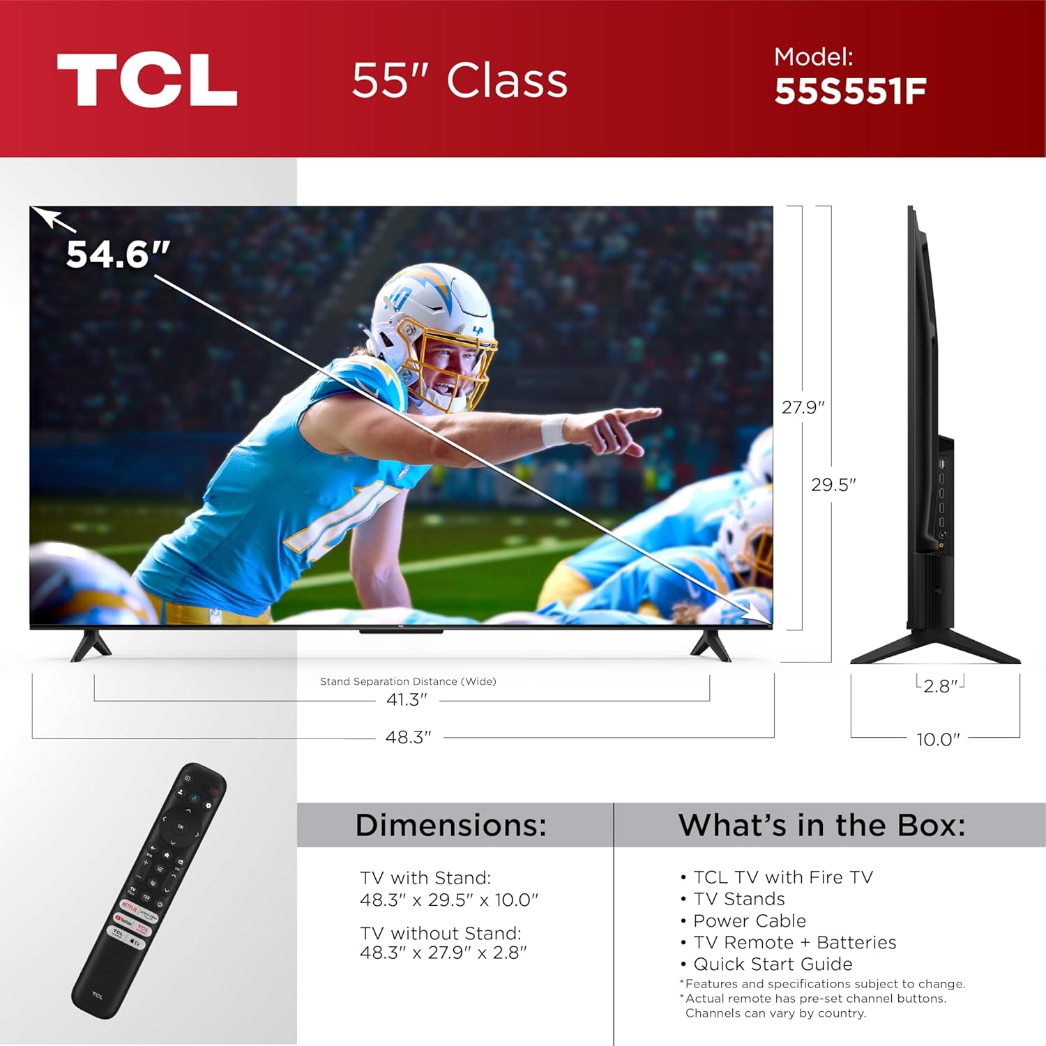 TCL 55-Inch Class S5 UHD 4K LED Smart TV with Fire TV (55S551F, 2024 Model), Dolby Vision, HDR PRO , Dolby Atmos, Alexa Built-in with Voice Remote, Apple AirPlay 2 Compatibility, Streaming Television
