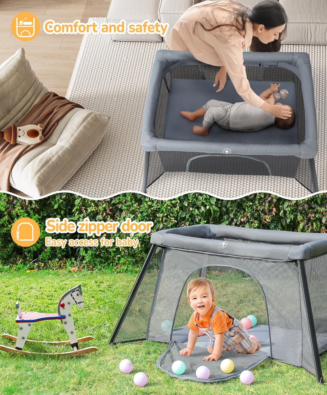 ELEMARA Baby Travel Crib Easy-Set Up,Portable Crib with Comfortable Mattress and Lightweight-Foldable Crib with Long-Lasting Playard, Indoor  Outdoor Playpen, Pack and Play for Toddler（Dark Gray