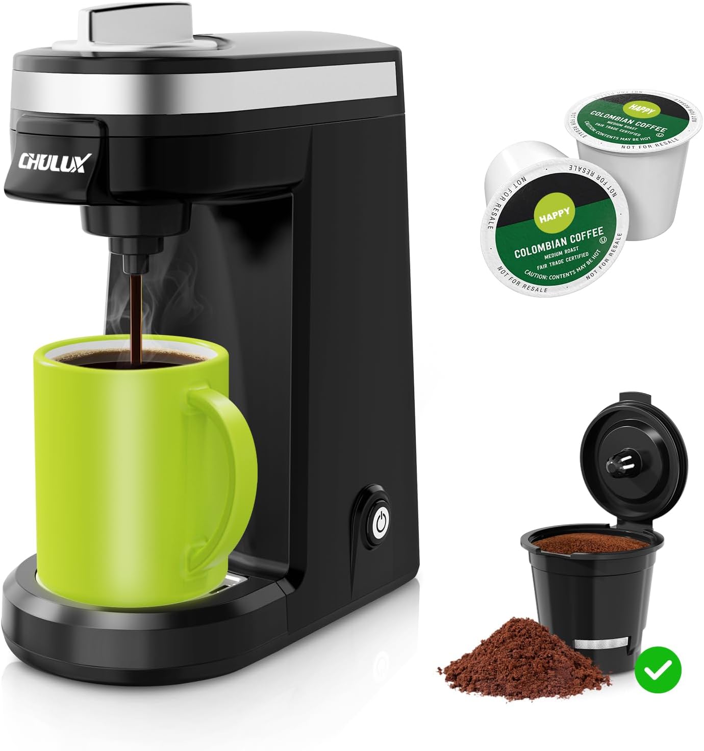 CHULUX Mini 2 in 1 Single Serve Coffee Maker for K Cup  Ground Coffee, Tiny Small Size Coffee Machine for One Person Travel, RV, Truck and Home, Included Coffee Filter