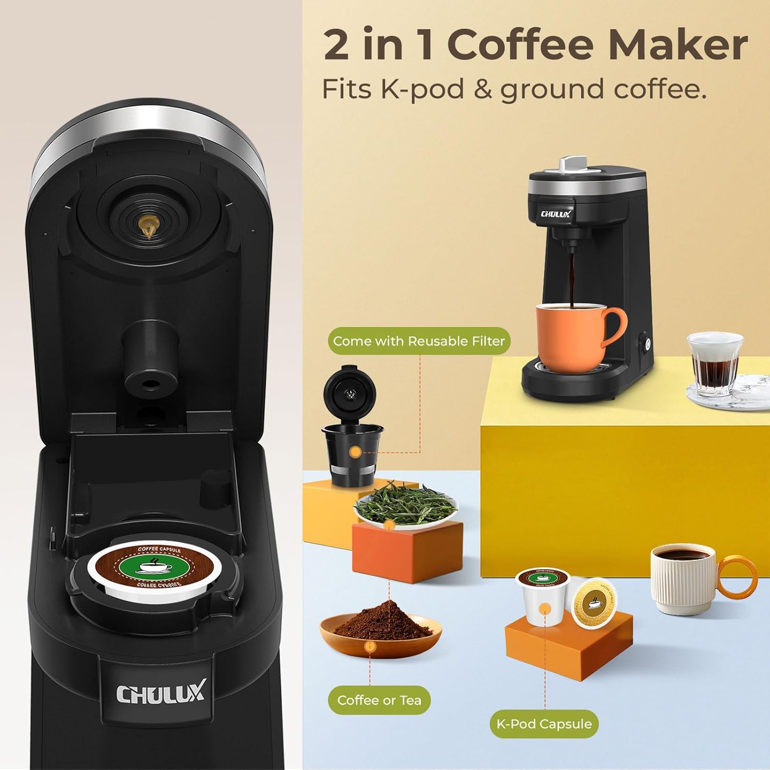 Macchina da caffè monodose CHULUX Mini 2 in 1 per caffè macinato K Cup, piccola macchina da caffè di piccole dimensioni per viaggiare con una persona, camper, camion e casa, filtro per caffè incluso