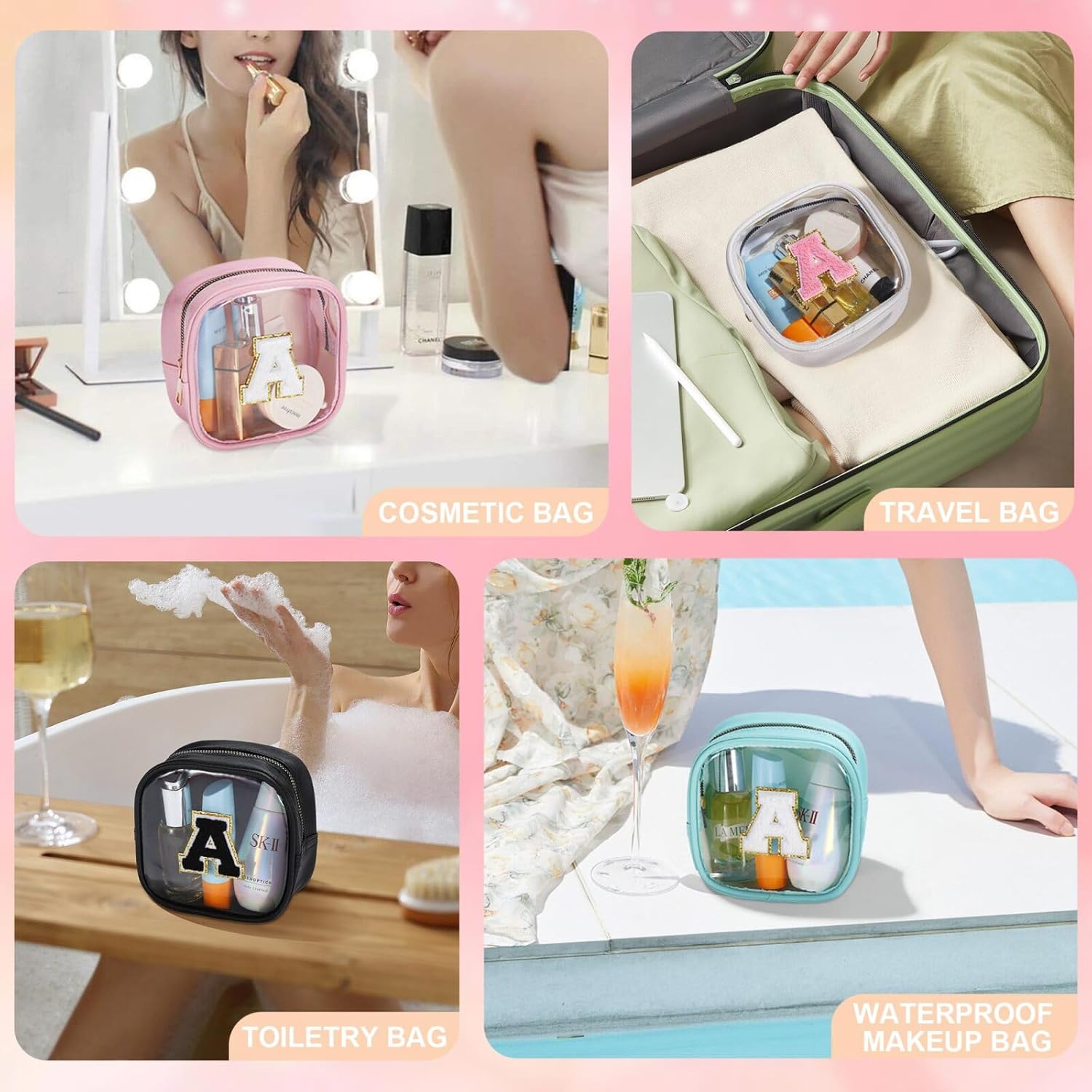 YOOLIFE Mini Makeup Bag | Clear Makeup Bag Toiletry Case | Portable Make Up Organizer | Small Cosmetic Bag for Purse | Best Friend Birthday Gifts Teacher Daughter Gifts | Gifts for Girls | Pink E · v2