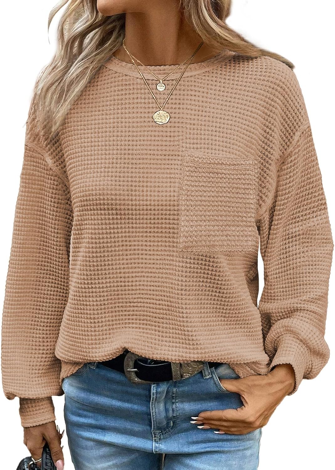 Dokotoo Womens Tops 2024 Oversized Long Sleeve Crewneck Waffle Knit Shirts Business Casual Blouses Basic Shirts · v3