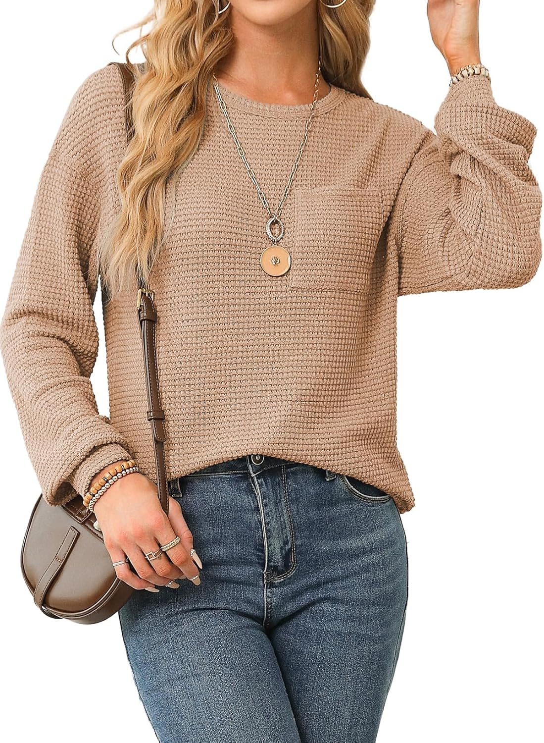 Dokotoo Womens Tops 2024 Oversized Long Sleeve Crewneck Waffle Knit Shirts Business Casual Blouses Basic Shirts · v3
