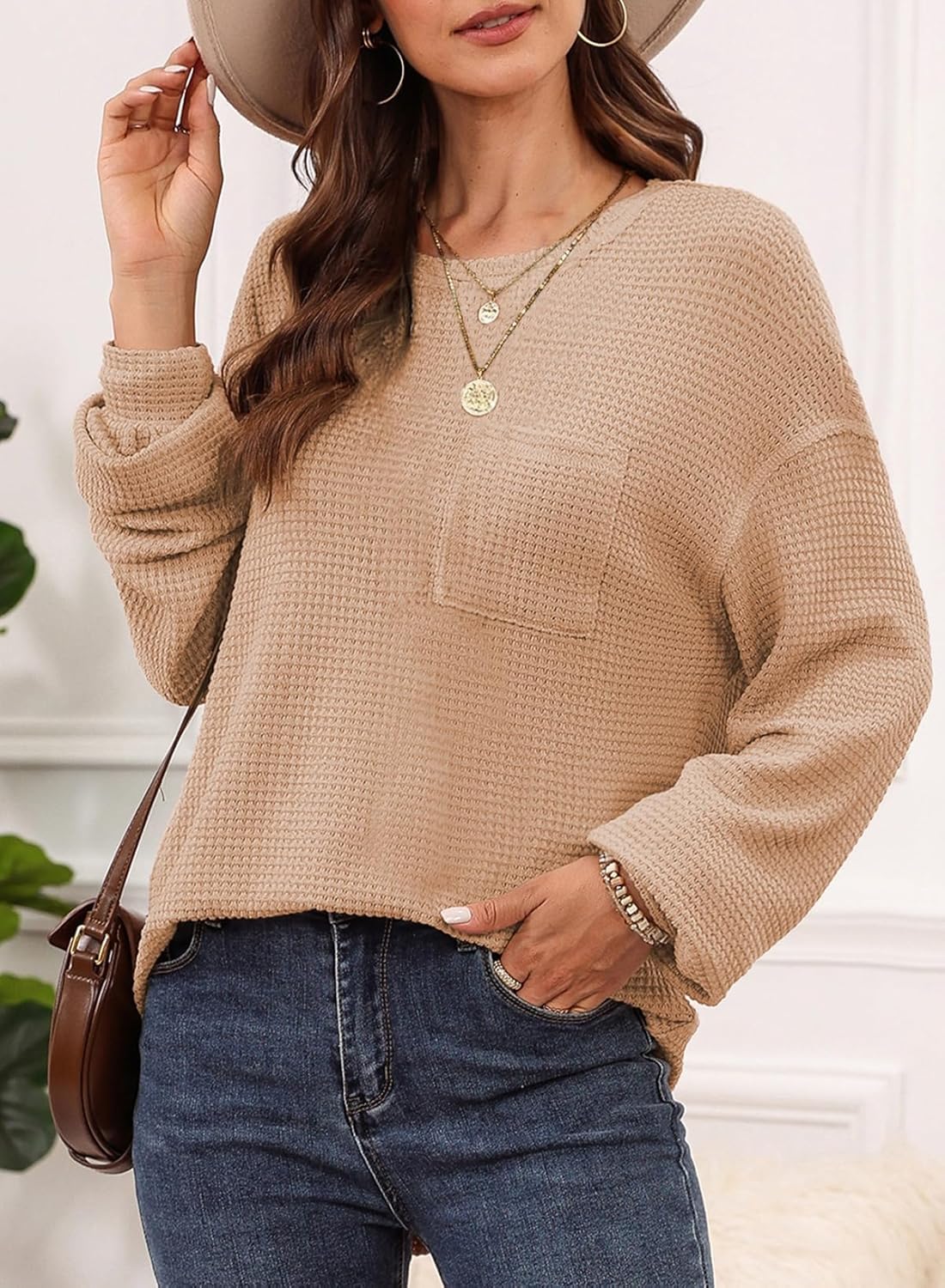 Dokotoo Womens Tops 2024 Oversized Long Sleeve Crewneck Waffle Knit Shirts Business Casual Blouses Basic Shirts · v3