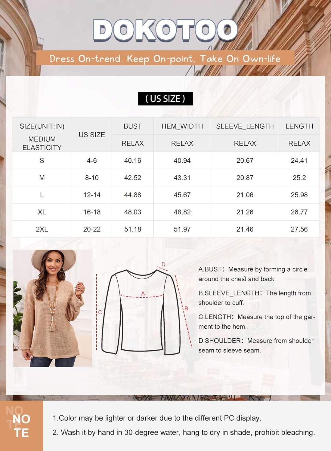Dokotoo Womens Tops 2024 Oversized Long Sleeve Crewneck Waffle Knit Shirts Business Casual Blouses Basic Shirts · v3