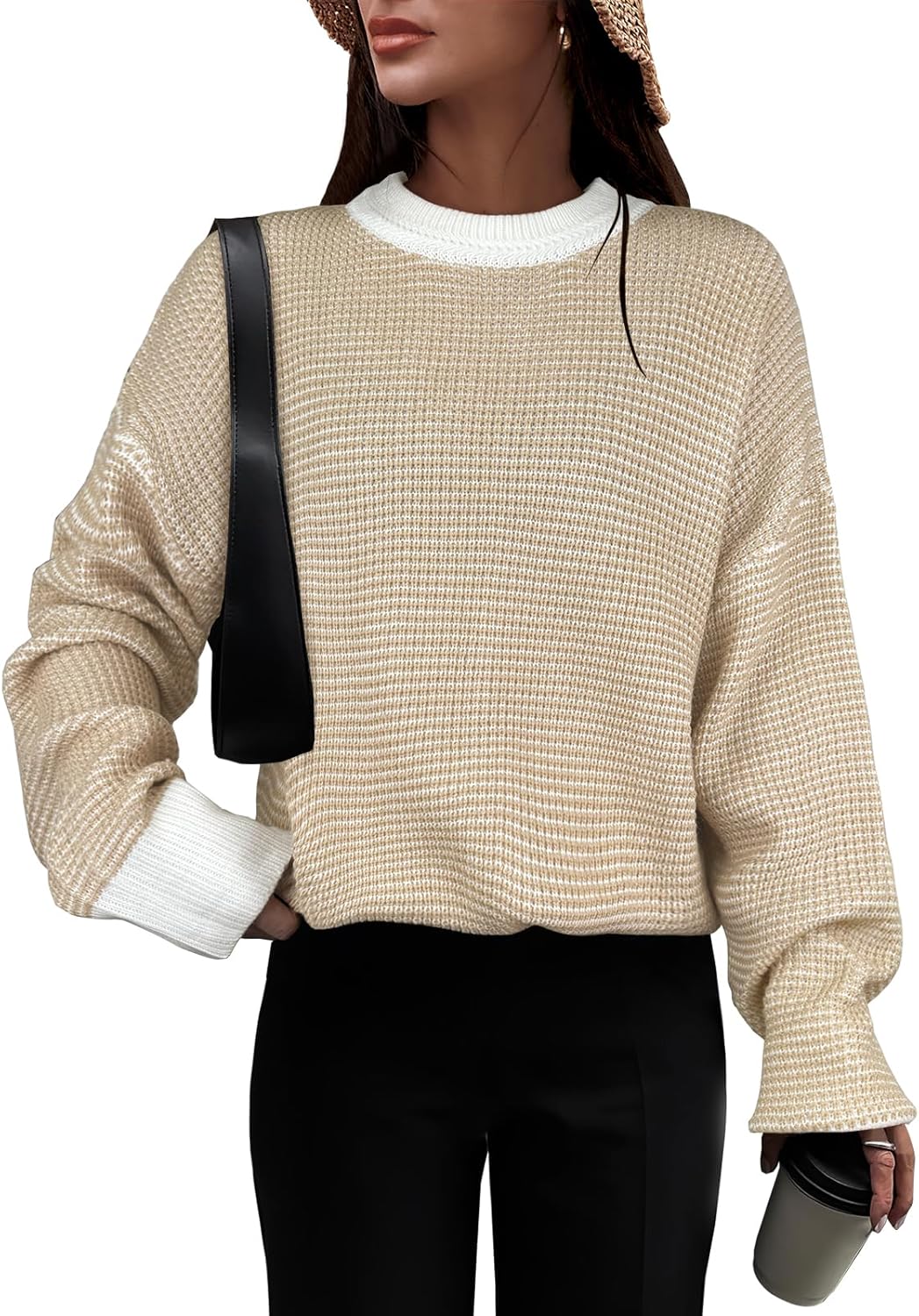 ANRABESS Womens 2024 Fall Sweaters Crewneck Casual Long Sleeve Contrast Loose Waffle Knit Pullover Sweater Top Trends Outfits · v3